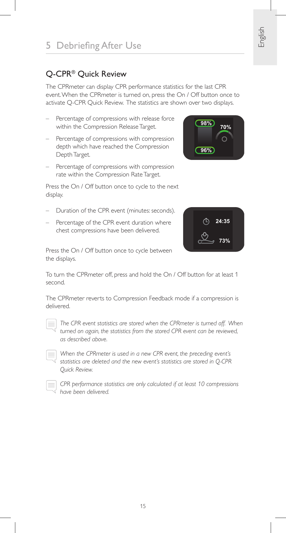 5 debriefing after use, Q-cpr, Quick review | English | Laerdal CPRmeter User Manual | Page 15 / 248
