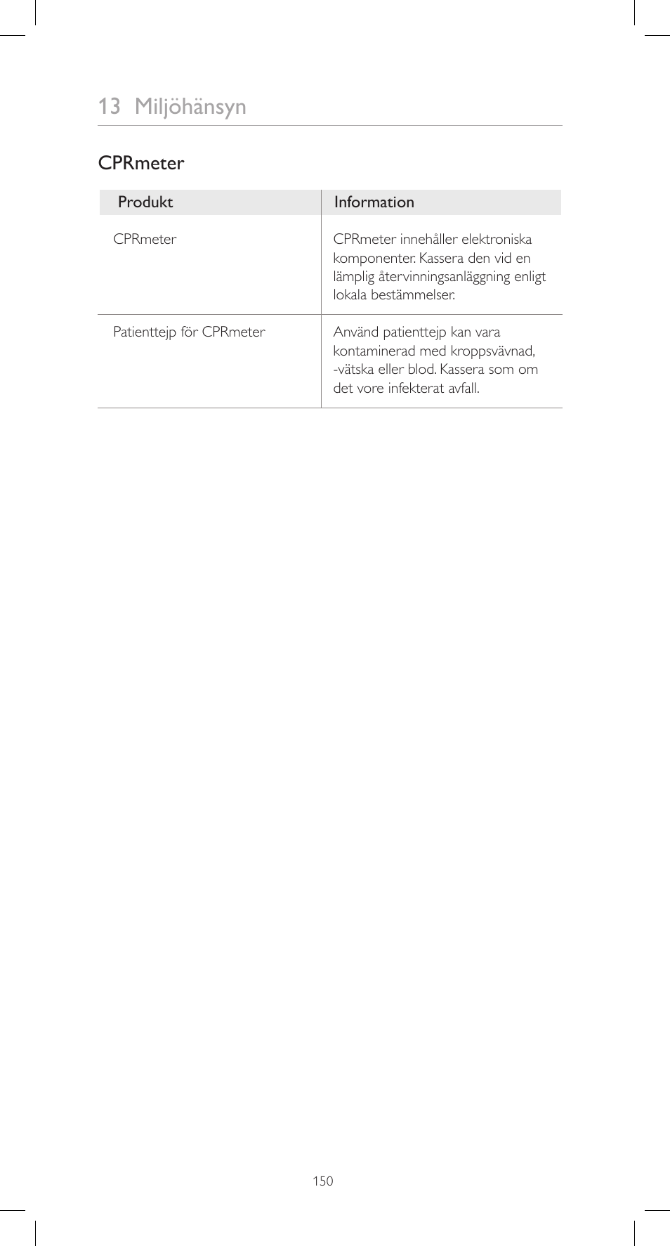 13 miljöhänsyn, Cprmeter | Laerdal CPRmeter User Manual | Page 150 / 248
