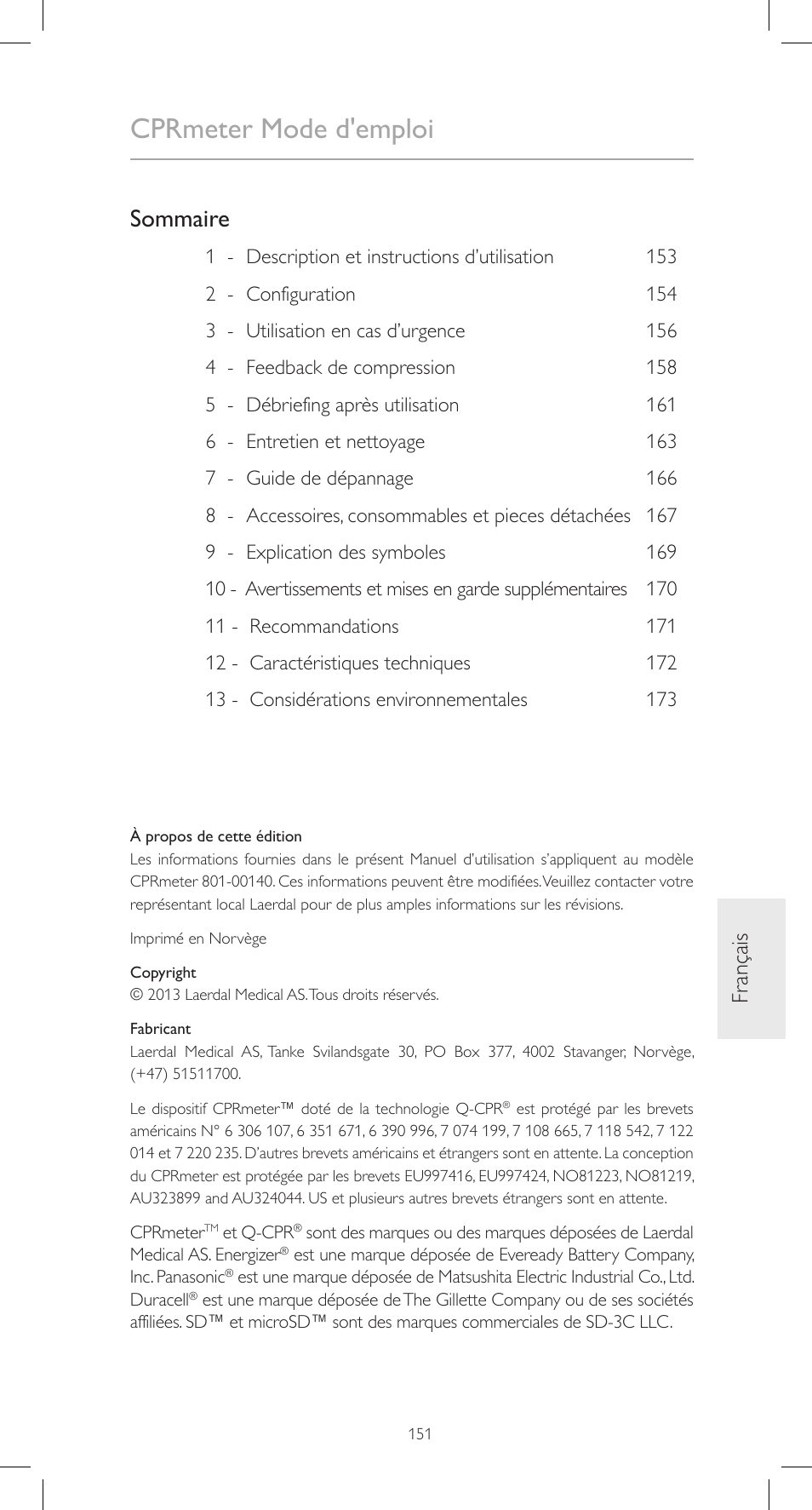 Cprmeter mode d'emploi, Sommaire, Fr ançais | Laerdal CPRmeter User Manual | Page 151 / 248