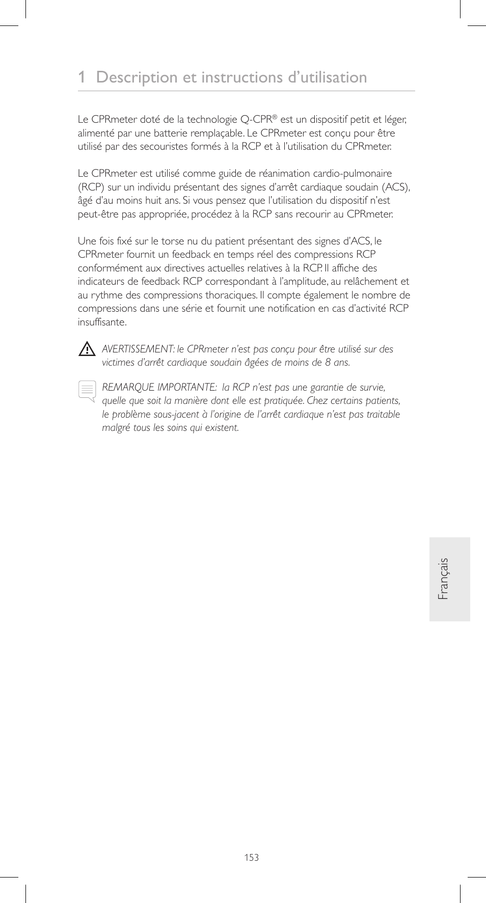 1 description et instructions d’utilisation, Fr ançais | Laerdal CPRmeter User Manual | Page 153 / 248