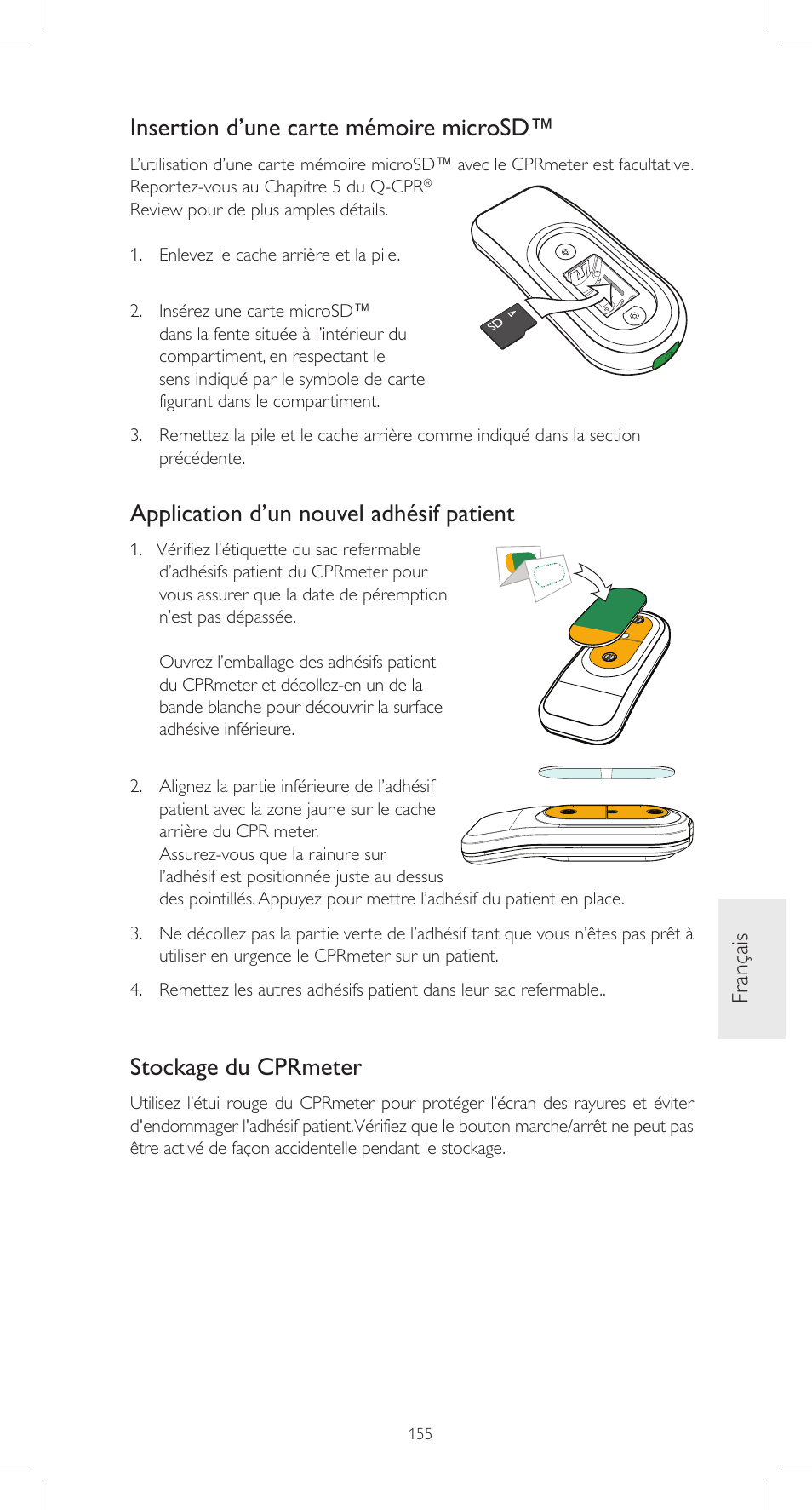 Insertion d’une carte mémoire microsd, Application d’un nouvel adhésif patient, Stockage du cprmeter | Fr ançais | Laerdal CPRmeter User Manual | Page 155 / 248