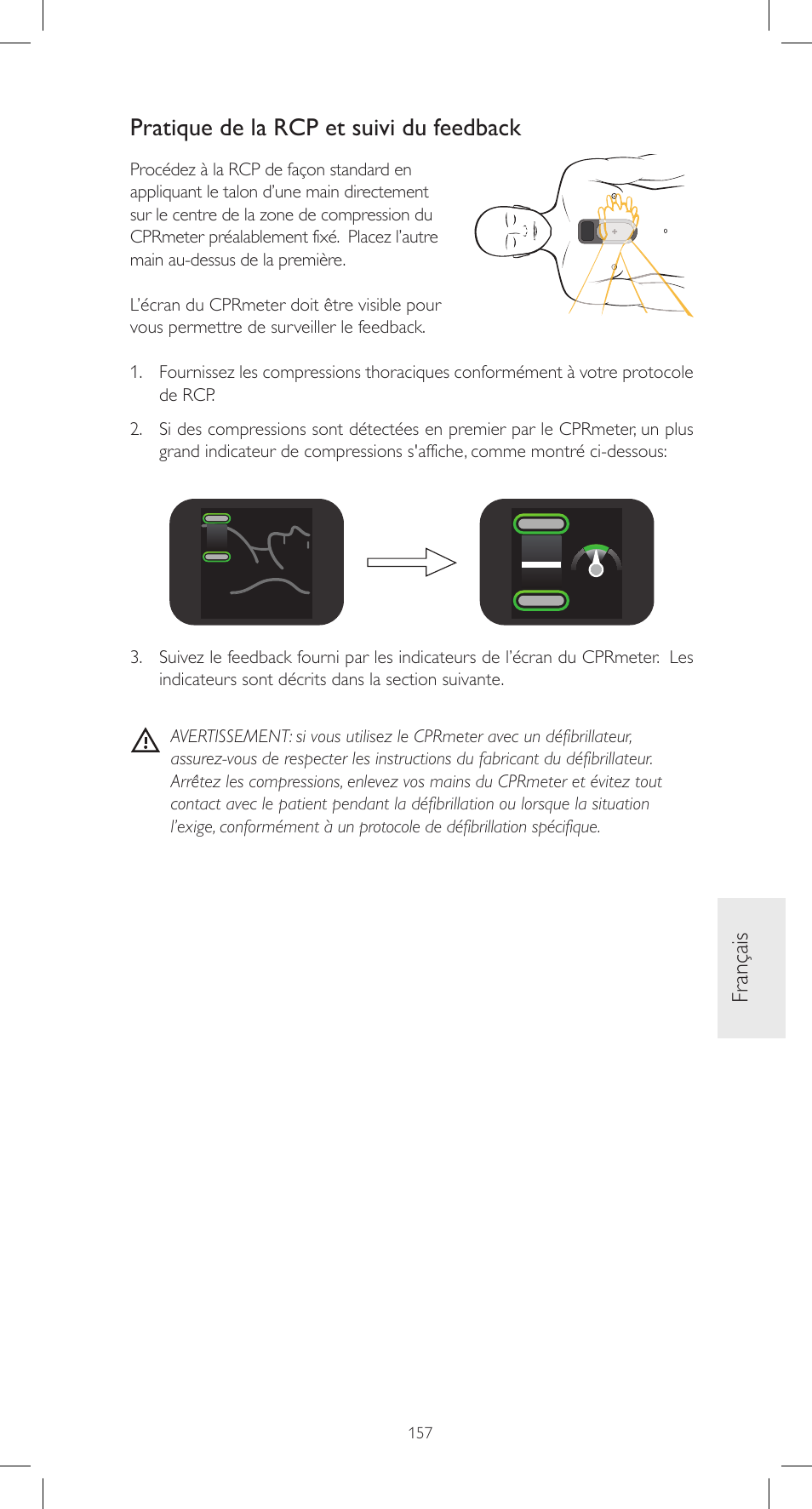 Pratique de la rcp et suivi du feedback, Fr ançais | Laerdal CPRmeter User Manual | Page 157 / 248