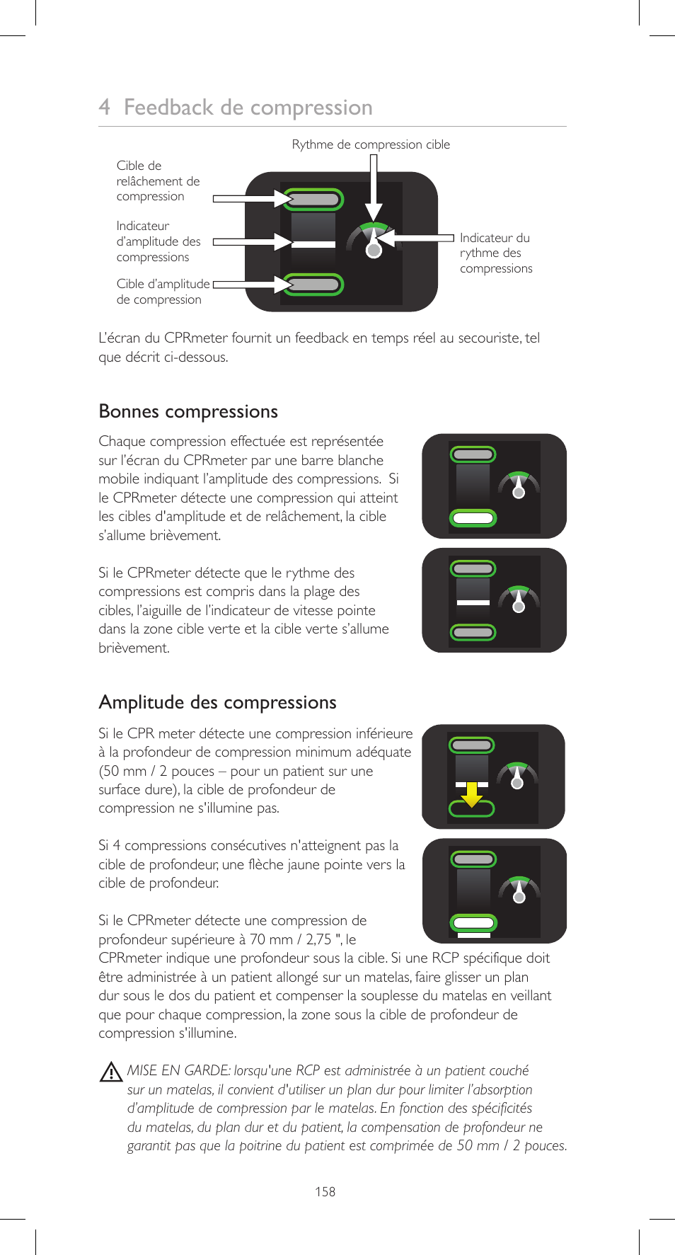 4 feedback de compression, Bonnes compressions, Amplitude des compressions | Laerdal CPRmeter User Manual | Page 158 / 248