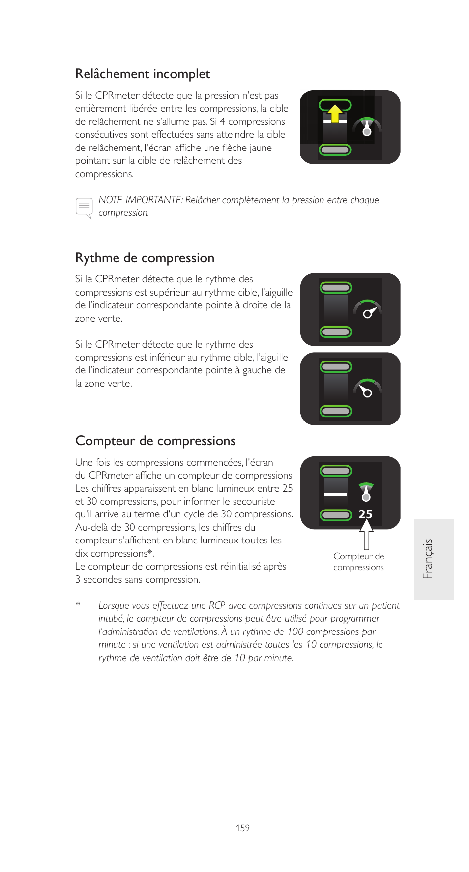 Relâchement incomplet, Rythme de compression, Compteur de compressions | Laerdal CPRmeter User Manual | Page 159 / 248