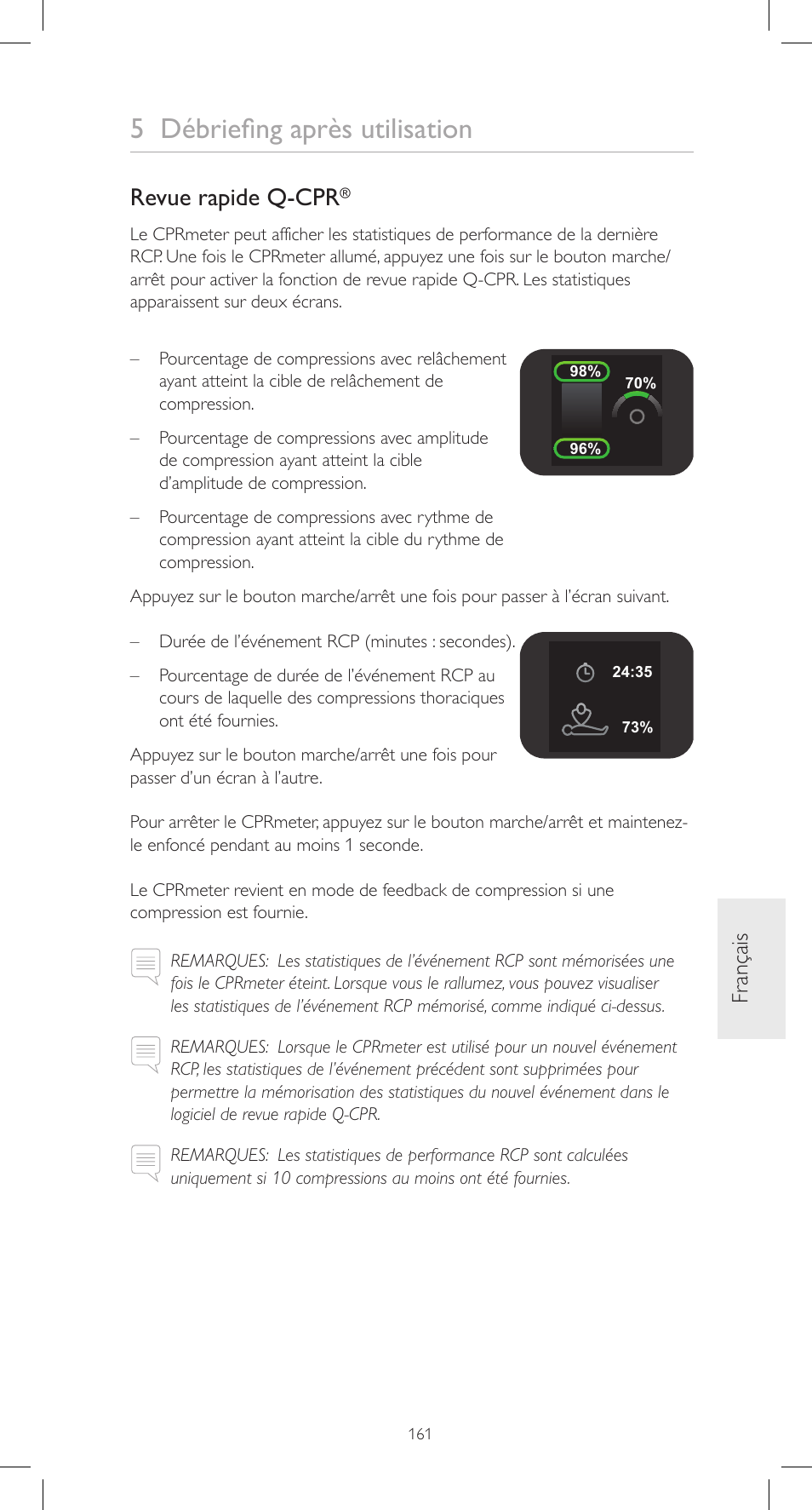 5 débriefing après utilisation, Revue rapide q-cpr, Fr ançais | Laerdal CPRmeter User Manual | Page 161 / 248