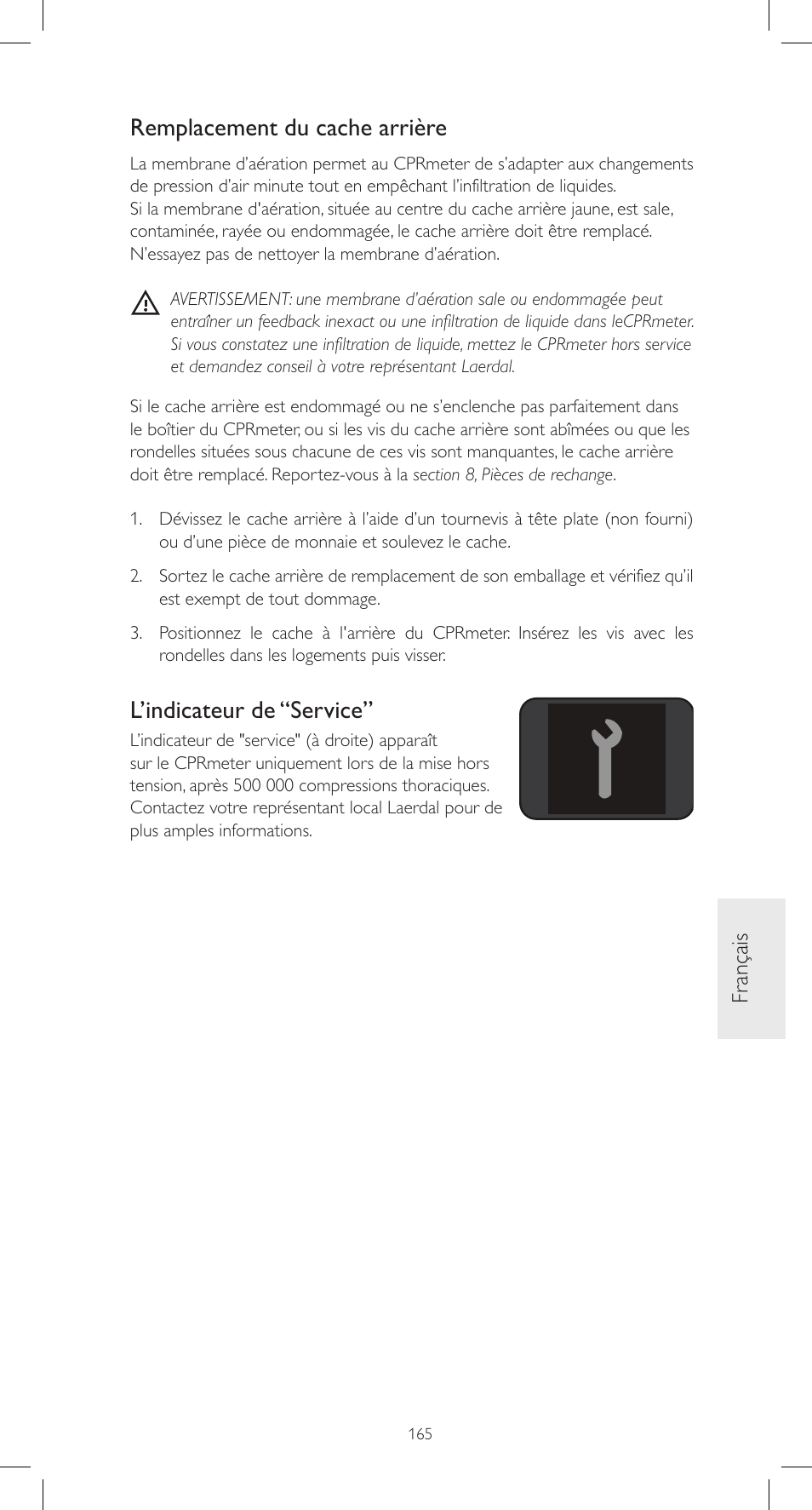 Remplacement du cache arrière, L’indicateur de “service, Fr ançais | Laerdal CPRmeter User Manual | Page 165 / 248