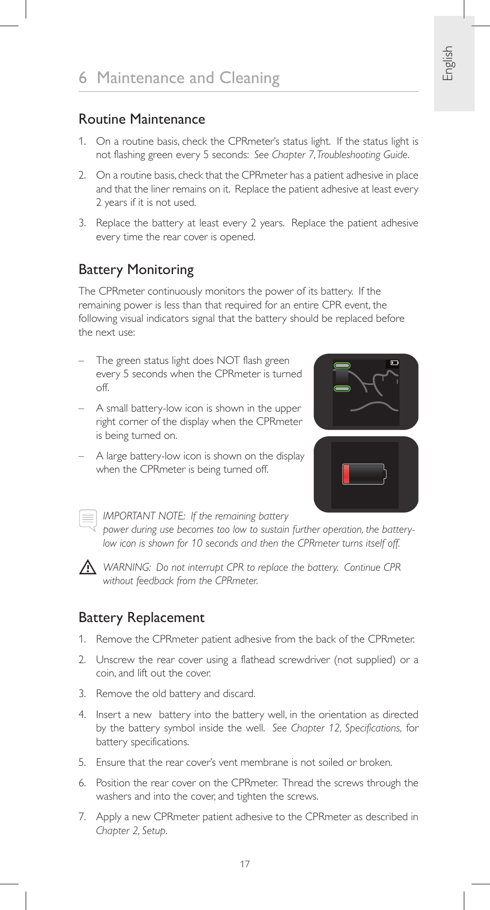 6 maintenance and cleaning, Routine maintenance, Battery monitoring | Battery replacement, English | Laerdal CPRmeter User Manual | Page 17 / 248