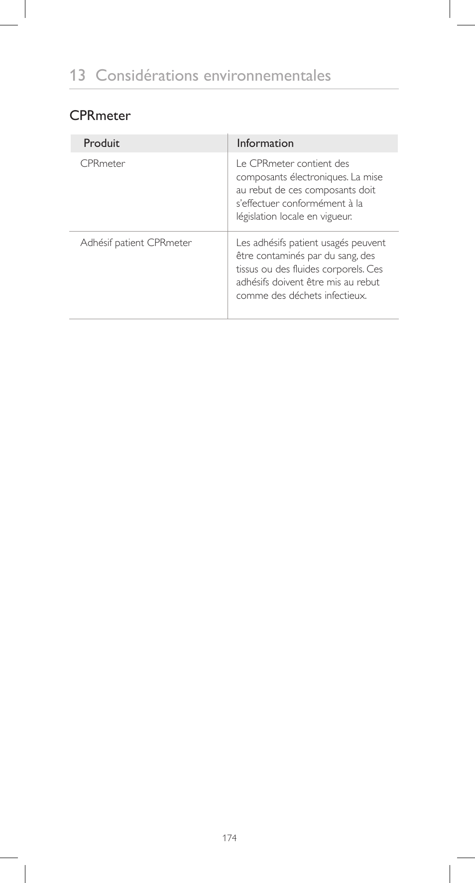 13 considérations environnementales, Cprmeter | Laerdal CPRmeter User Manual | Page 174 / 248