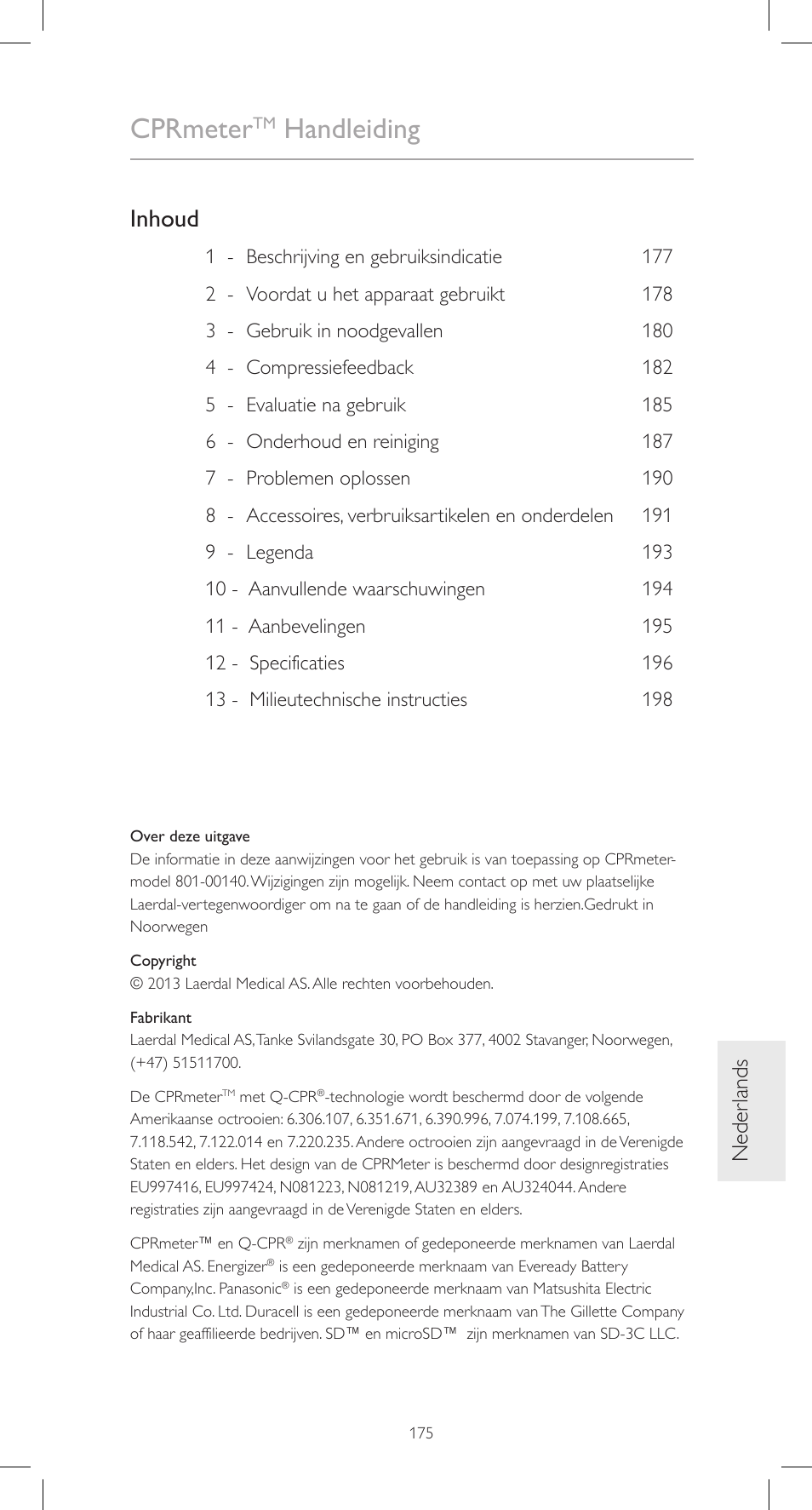 Cprmeter, Handleiding, Inhoud | Neder lands | Laerdal CPRmeter User Manual | Page 175 / 248