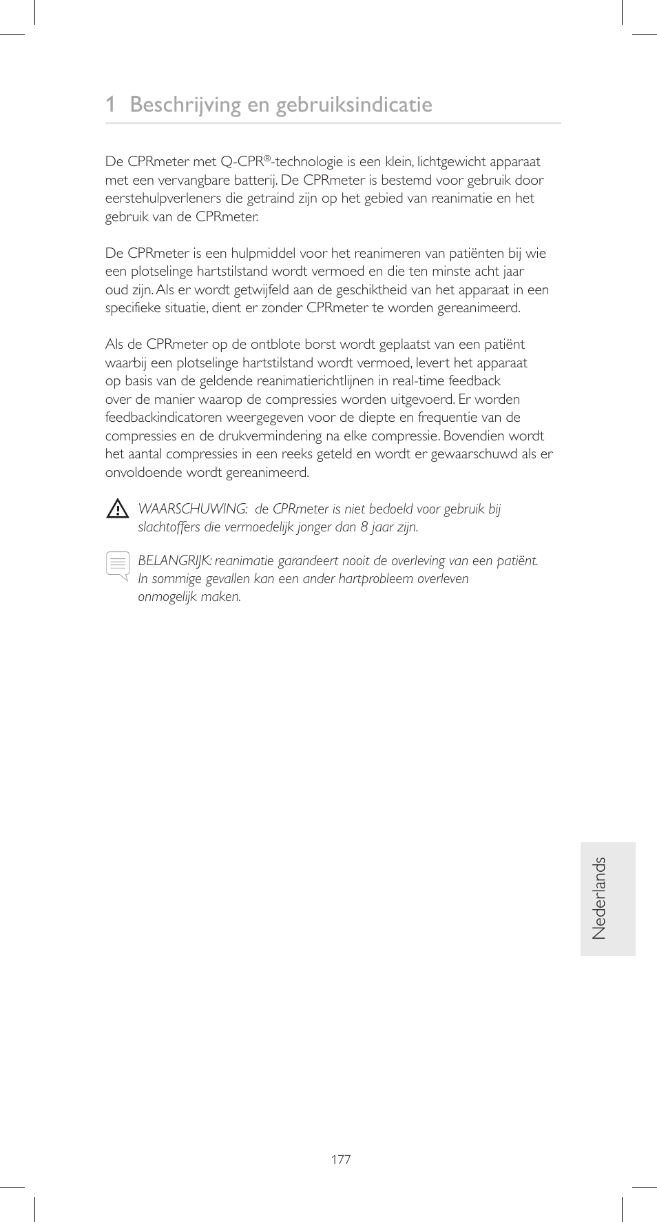 1 beschrijving en gebruiksindicatie, Neder lands | Laerdal CPRmeter User Manual | Page 177 / 248