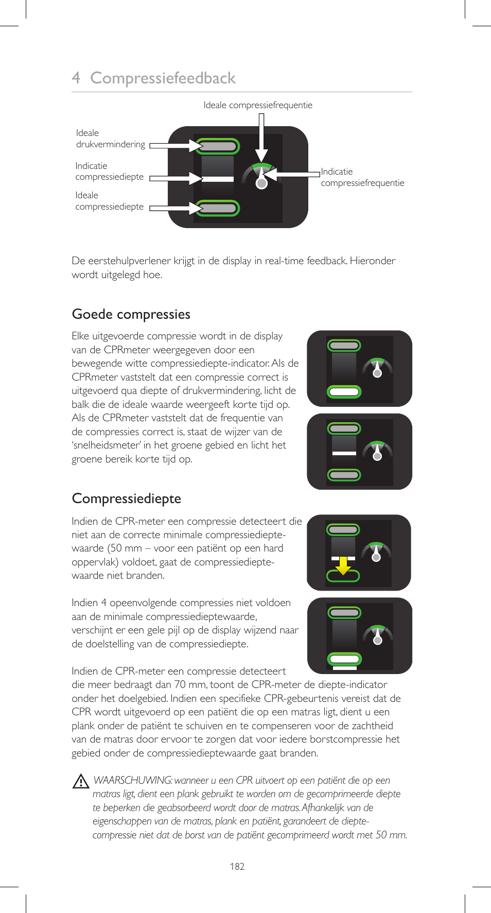 4 compressiefeedback, Goede compressies, Compressiediepte | Laerdal CPRmeter User Manual | Page 182 / 248