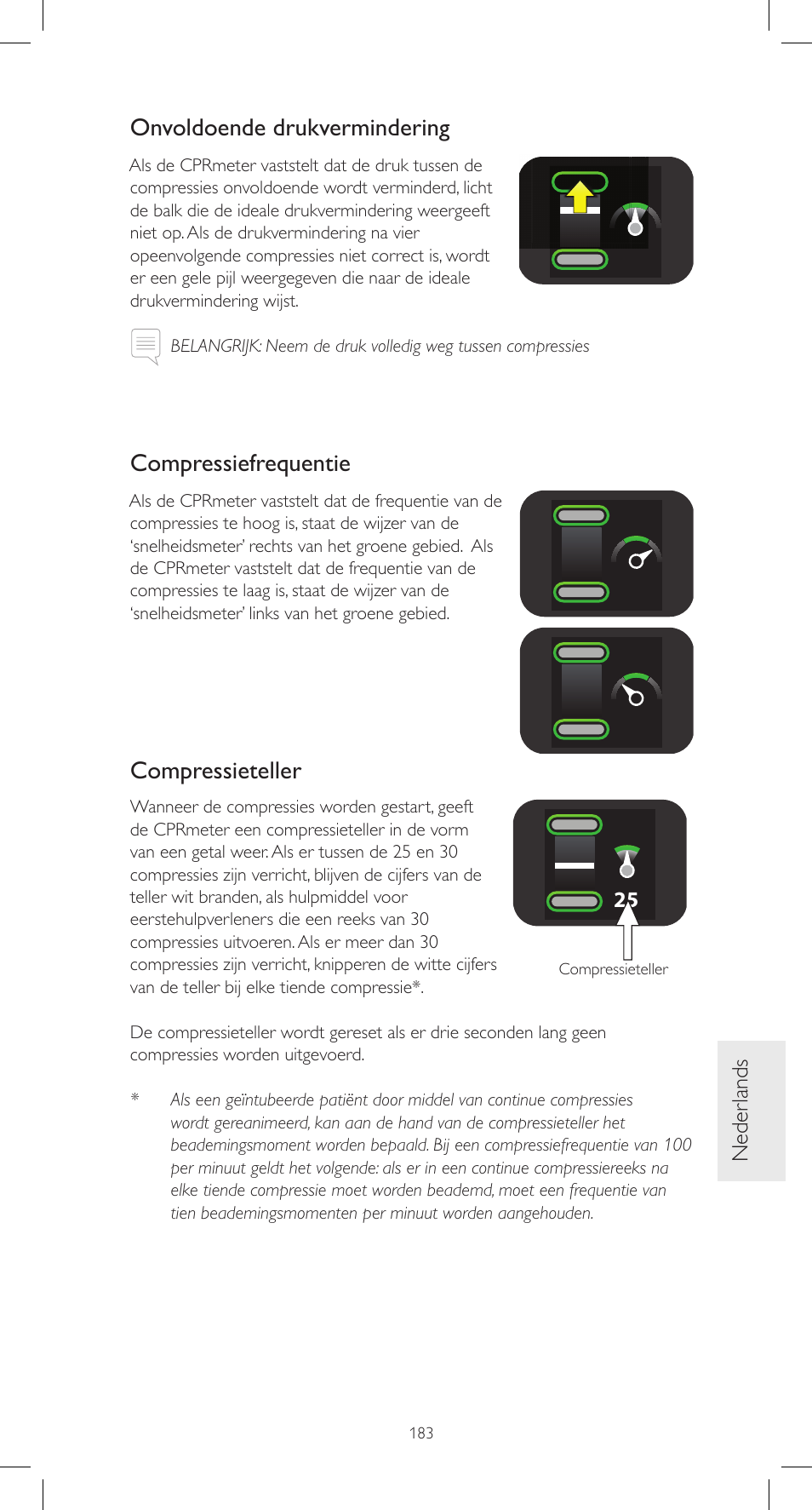 Onvoldoende drukvermindering, Compressiefrequentie, Compressieteller | Laerdal CPRmeter User Manual | Page 183 / 248