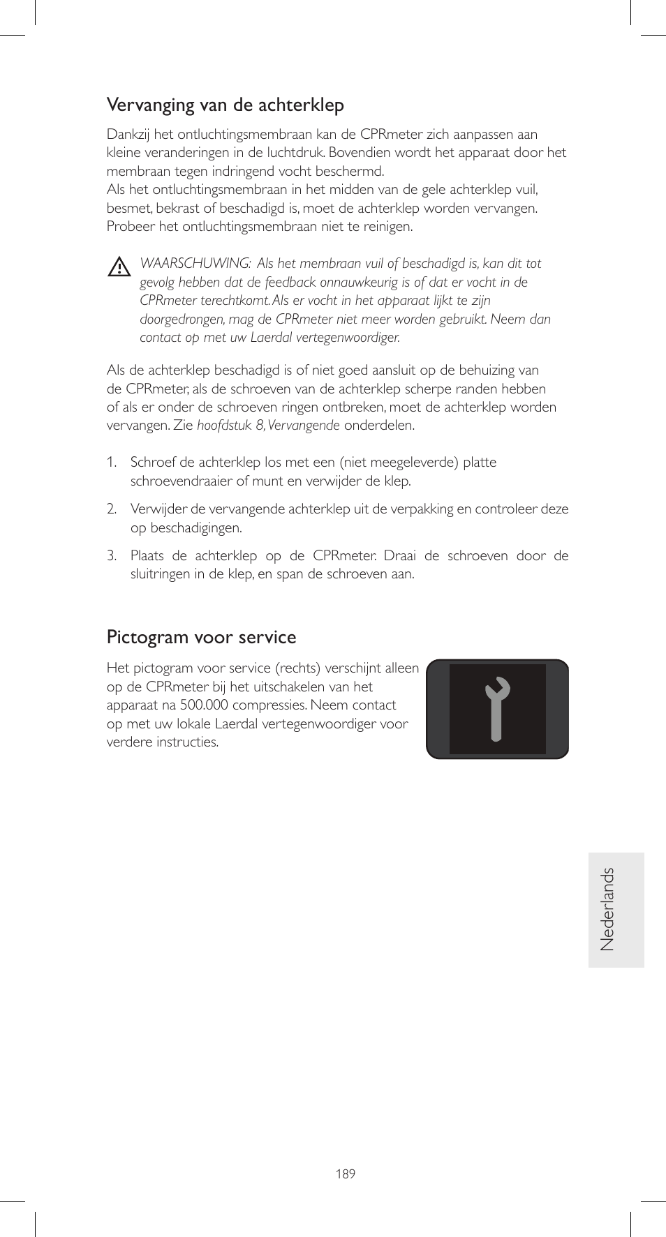 Vervanging van de achterklep, Pictogram voor service, Neder lands | Laerdal CPRmeter User Manual | Page 189 / 248