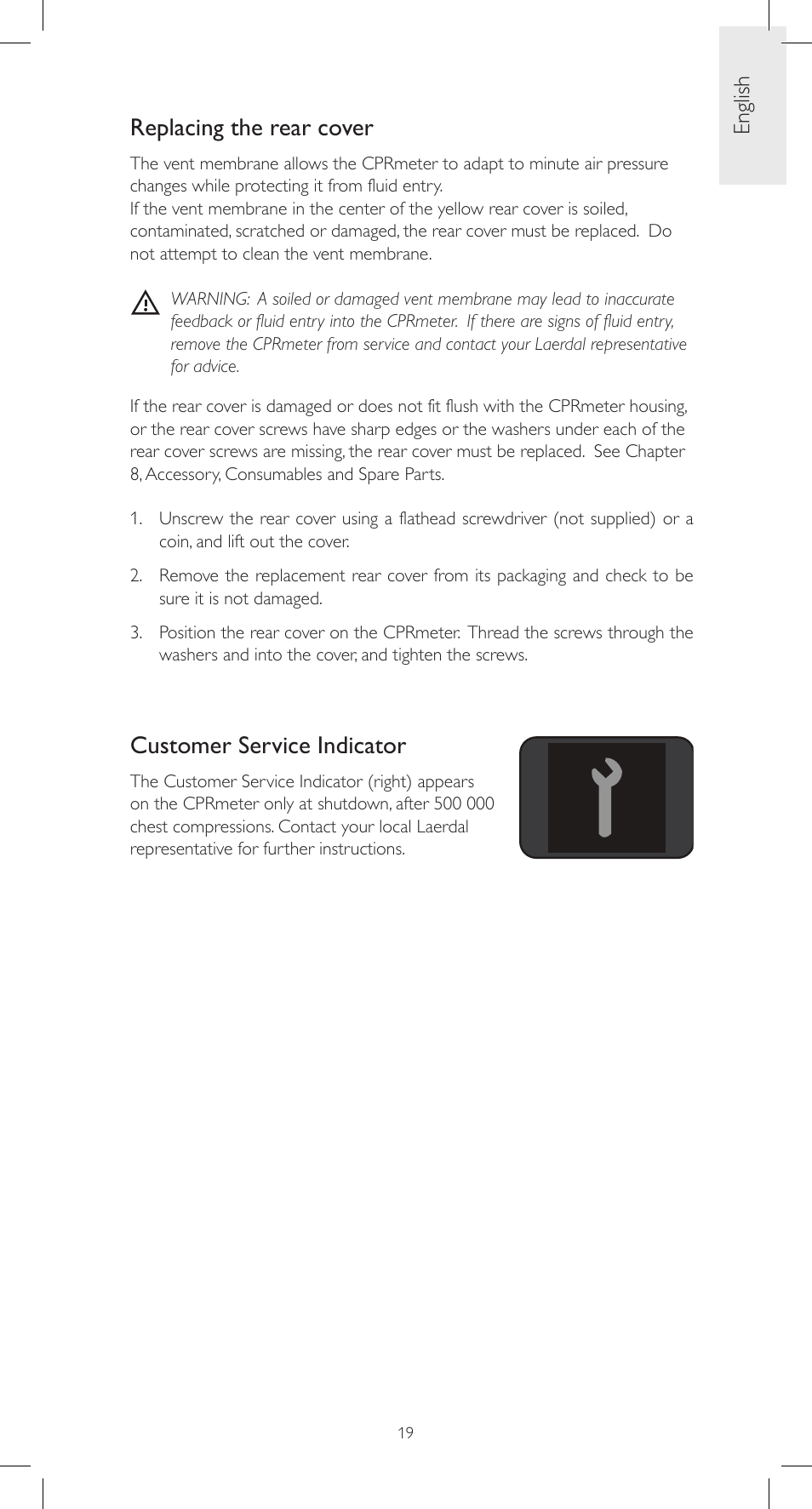 Replacing the rear cover, Customer service indicator, English | Laerdal CPRmeter User Manual | Page 19 / 248