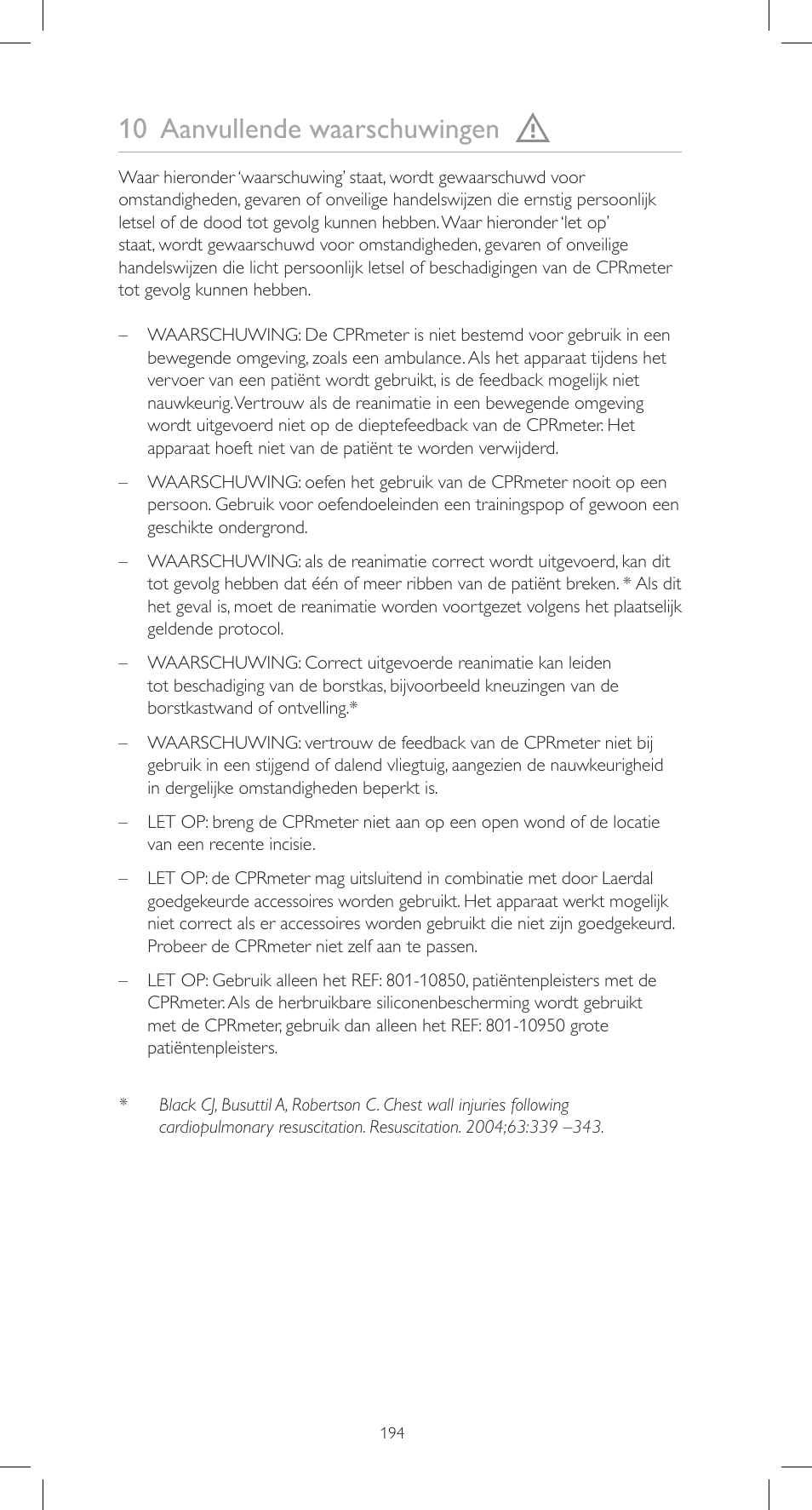 10 aanvullende waarschuwingen | Laerdal CPRmeter User Manual | Page 194 / 248