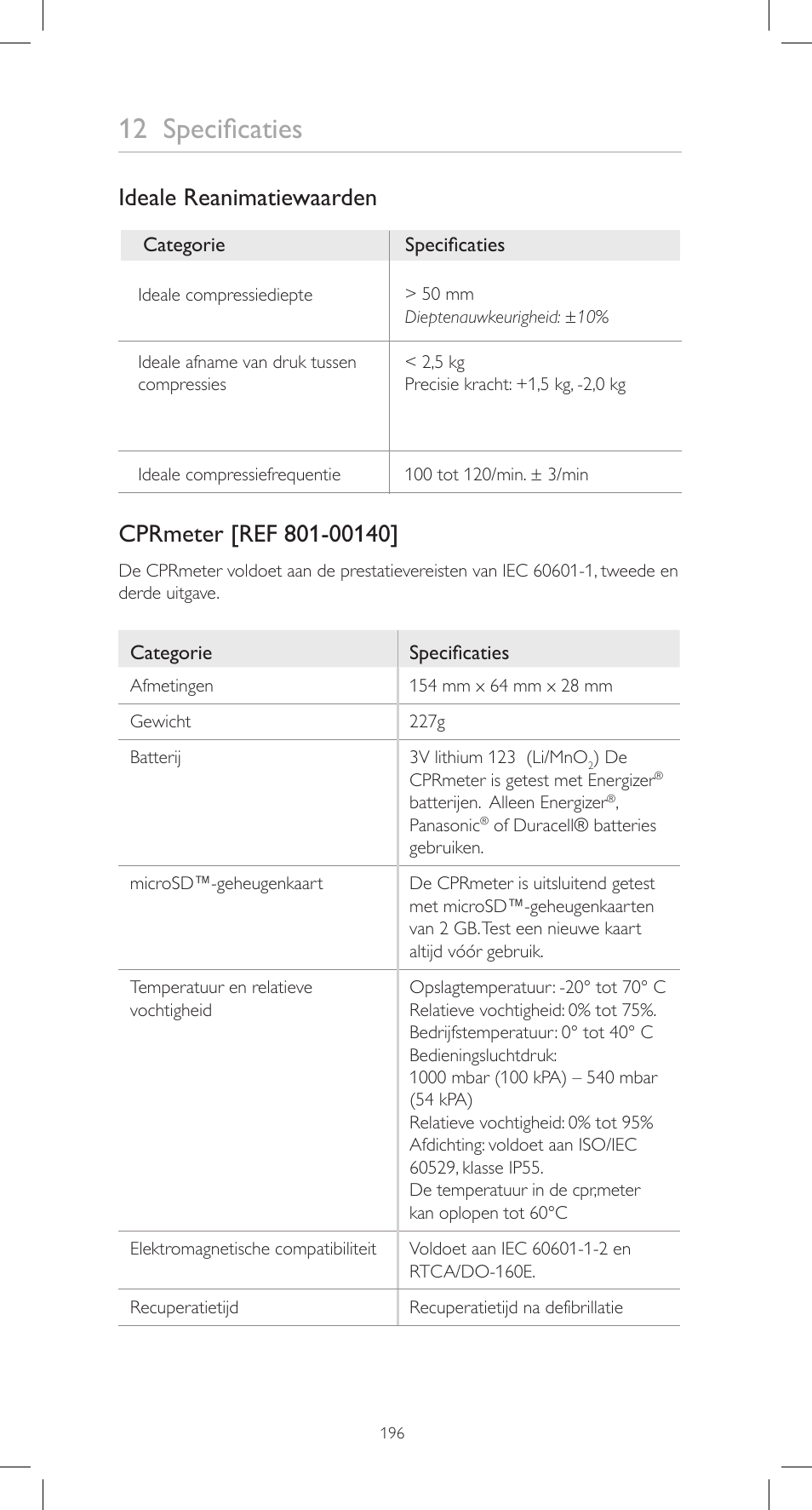 12 specificaties, Ideale reanimatiewaarden | Laerdal CPRmeter User Manual | Page 196 / 248