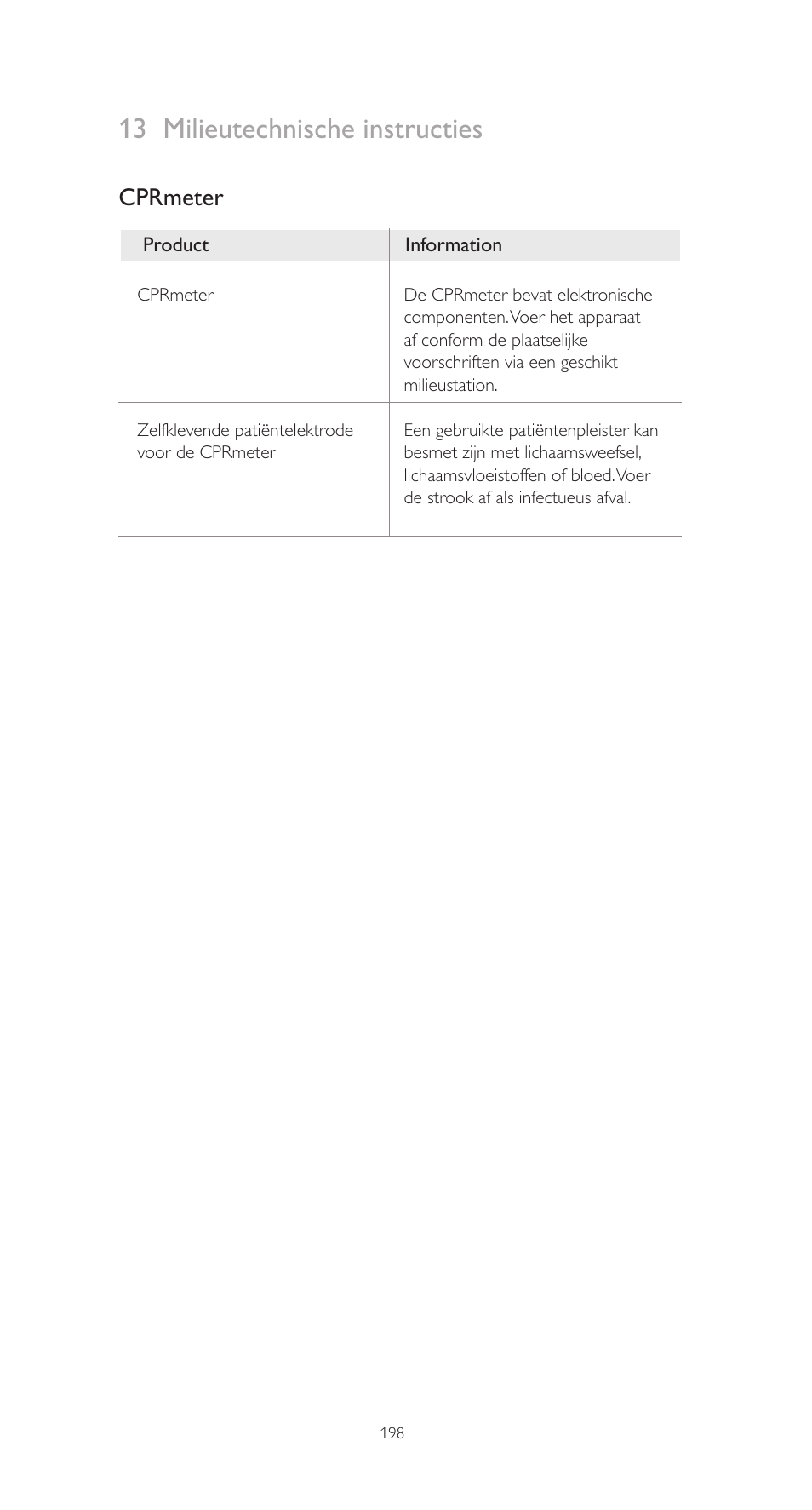 13 milieutechnische instructies, Cprmeter | Laerdal CPRmeter User Manual | Page 198 / 248