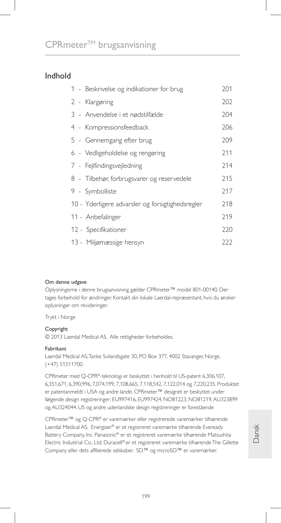 Cprmeter, Brugsanvisning, Indhold | Dansk | Laerdal CPRmeter User Manual | Page 199 / 248