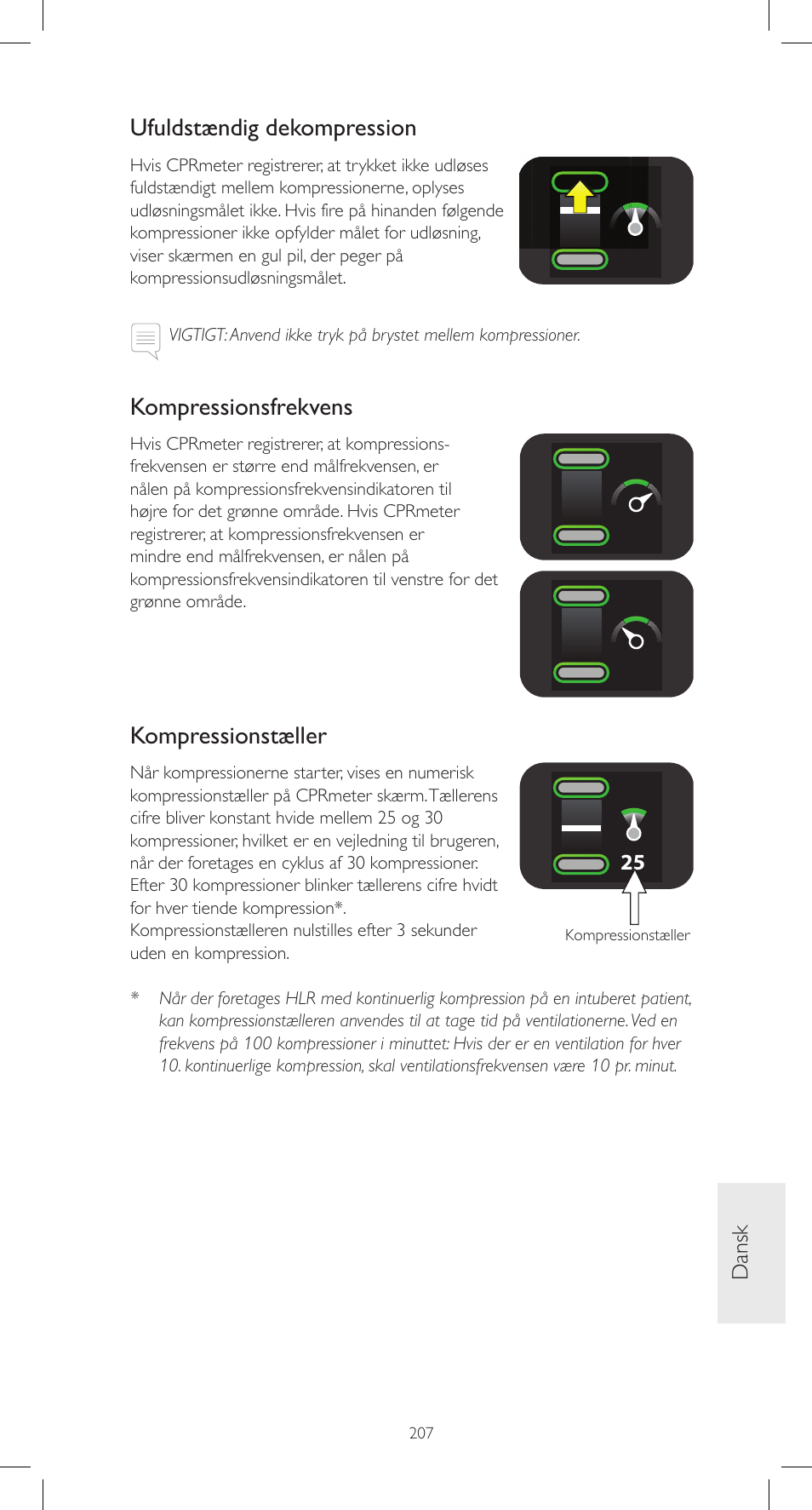 Ufuldstændig dekompression, Kompressionsfrekvens, Kompressionstæller | Laerdal CPRmeter User Manual | Page 207 / 248