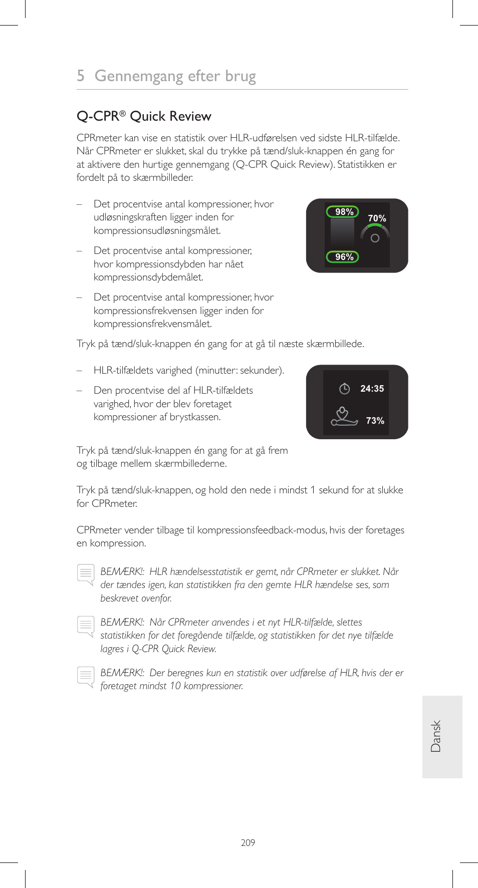 5 gennemgang efter brug, Q-cpr, Quick review | Dansk | Laerdal CPRmeter User Manual | Page 209 / 248