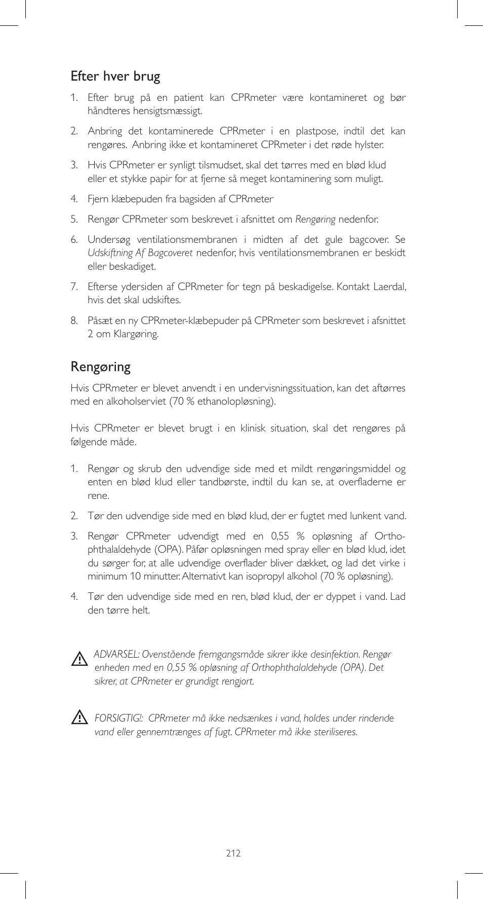 Efter hver brug, Rengøring | Laerdal CPRmeter User Manual | Page 212 / 248