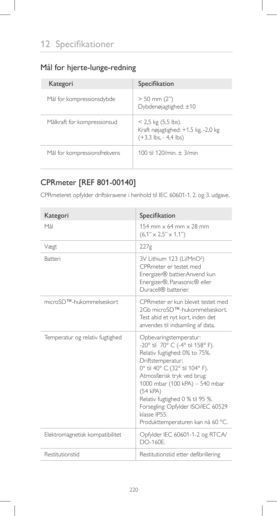 12 specifikationer, Mål for hjerte-lunge-redning | Laerdal CPRmeter User Manual | Page 220 / 248