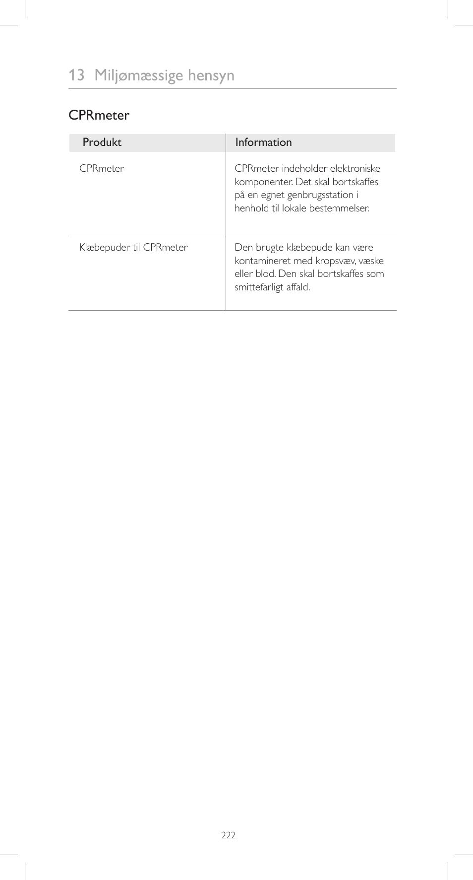 13 miljømæssige hensyn, Cprmeter | Laerdal CPRmeter User Manual | Page 222 / 248