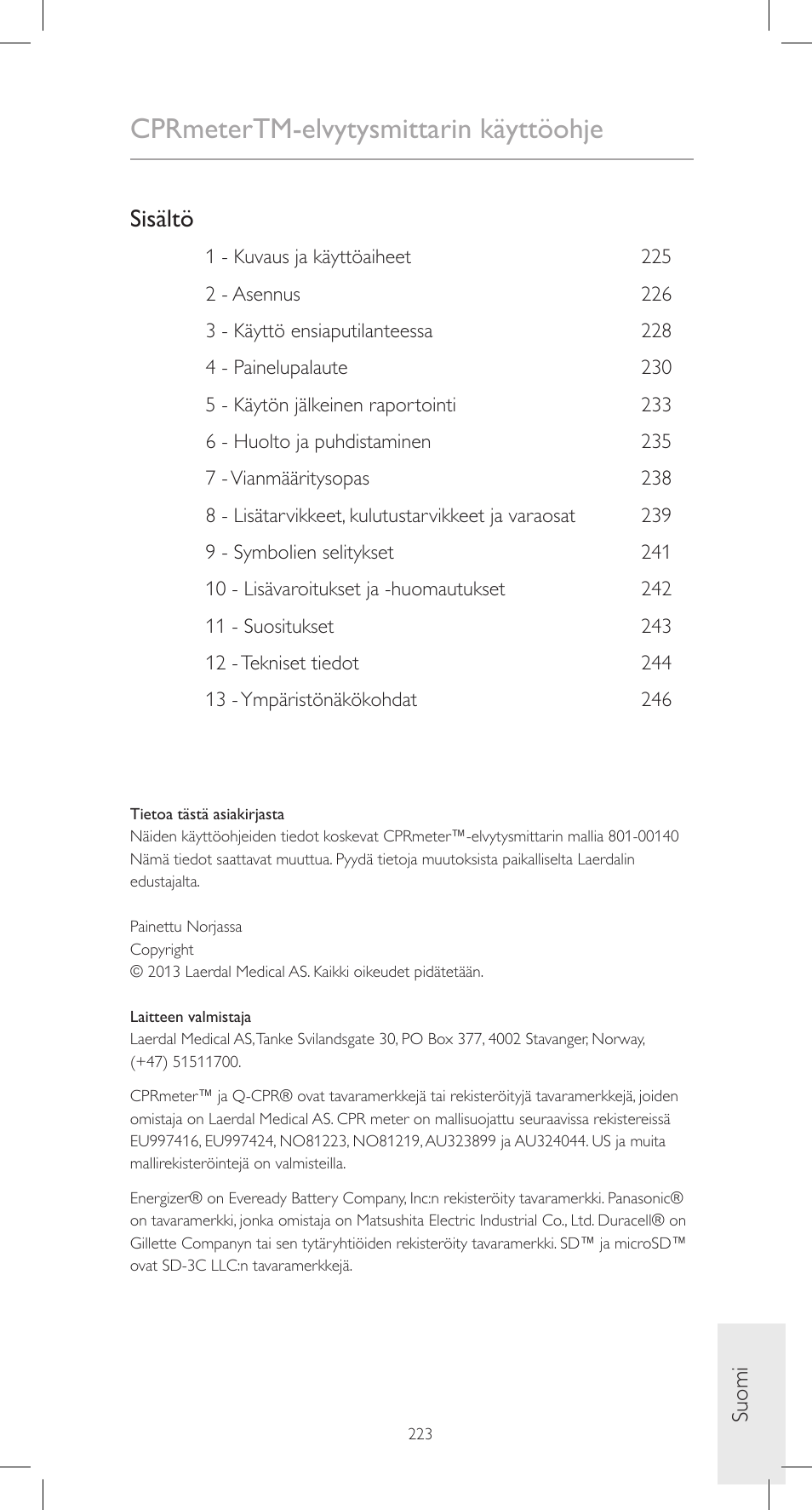 Cprmetertm-elvytysmittarin käyttöohje, Sisältö | Laerdal CPRmeter User Manual | Page 223 / 248