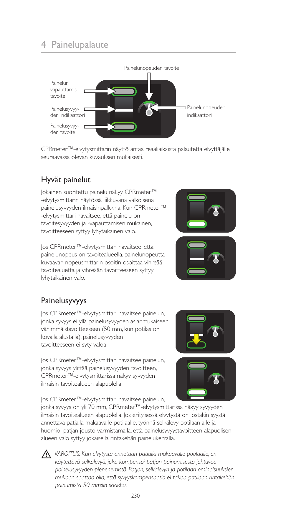 4 painelupalaute, Hyvät painelut, Painelusyvyys | Laerdal CPRmeter User Manual | Page 230 / 248
