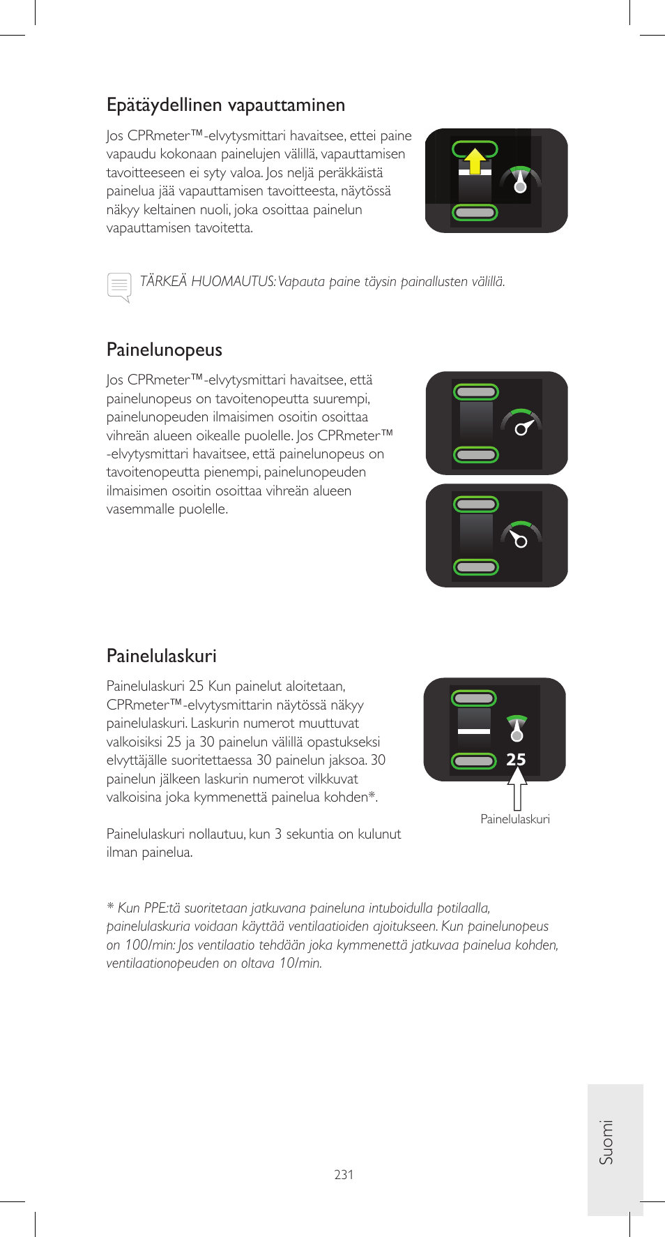 Epätäydellinen vapauttaminen, Painelunopeus, Painelulaskuri | Laerdal CPRmeter User Manual | Page 231 / 248