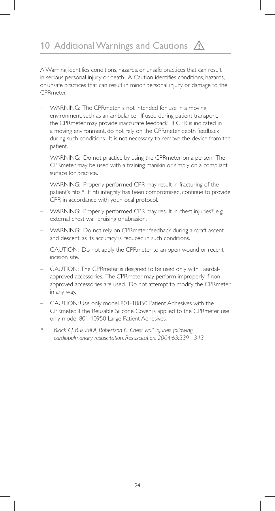 10 additional warnings and cautions | Laerdal CPRmeter User Manual | Page 24 / 248