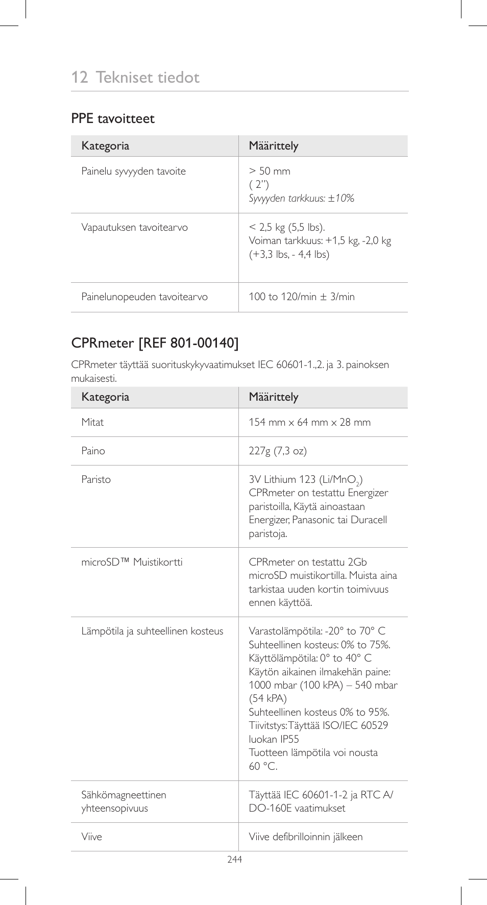 12 tekniset tiedot, Ppe tavoitteet | Laerdal CPRmeter User Manual | Page 244 / 248
