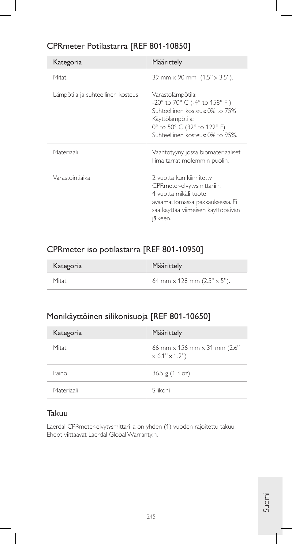Takuu | Laerdal CPRmeter User Manual | Page 245 / 248