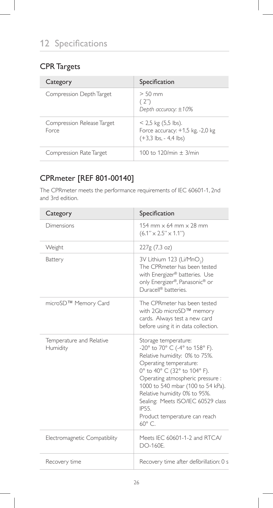 12 specifications, Cpr targets | Laerdal CPRmeter User Manual | Page 26 / 248