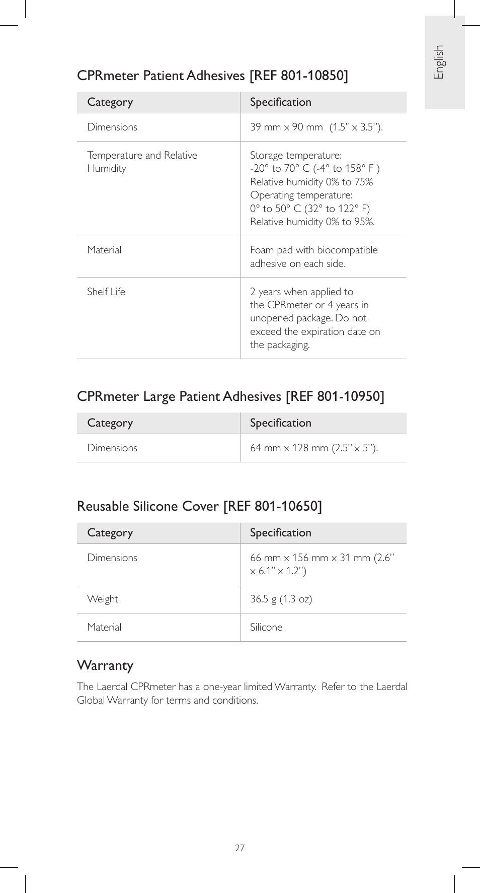 Warranty | Laerdal CPRmeter User Manual | Page 27 / 248