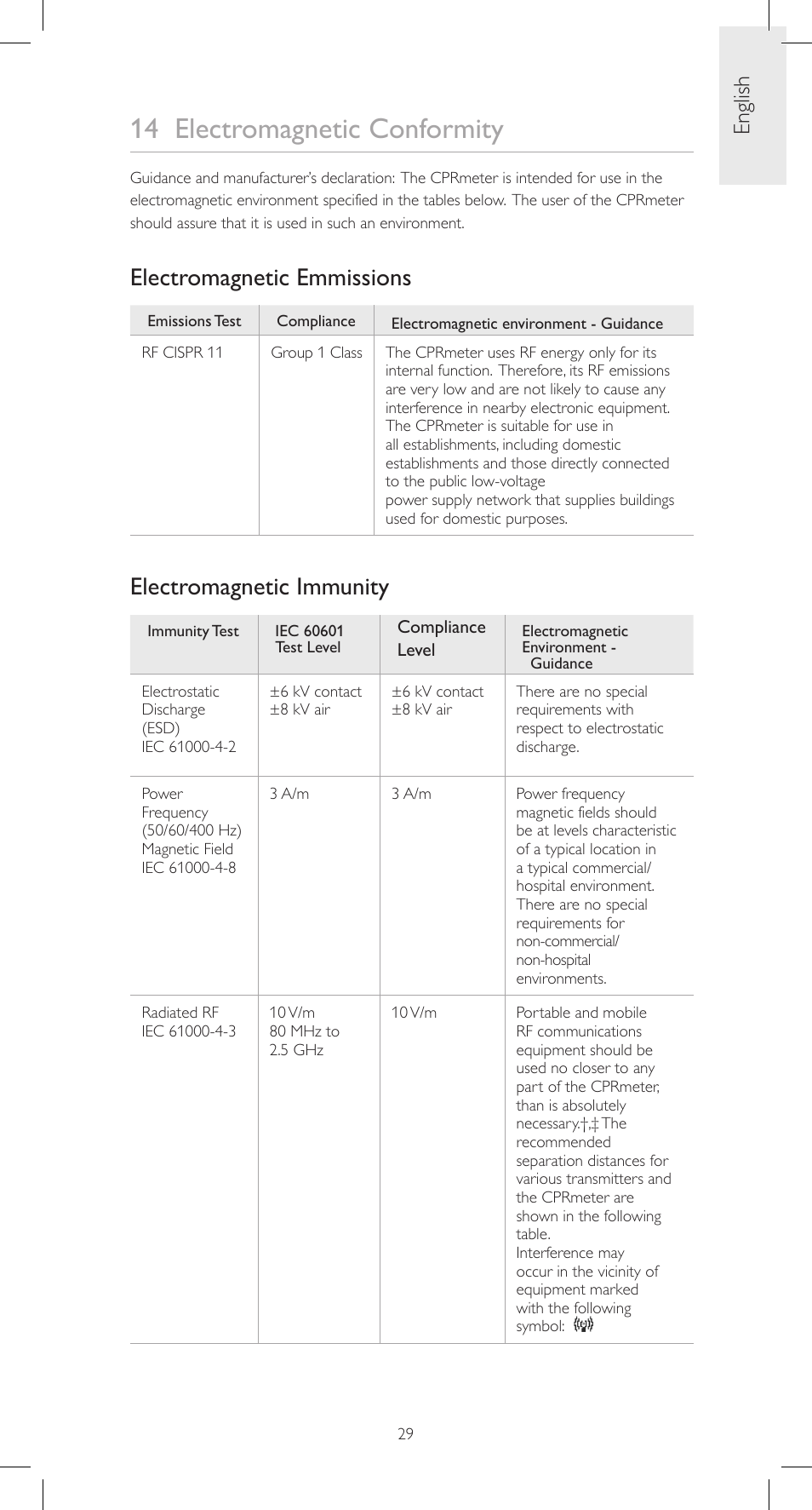 14 electromagnetic conformity, Electromagnetic emmissions, Electromagnetic immunity | English | Laerdal CPRmeter User Manual | Page 29 / 248
