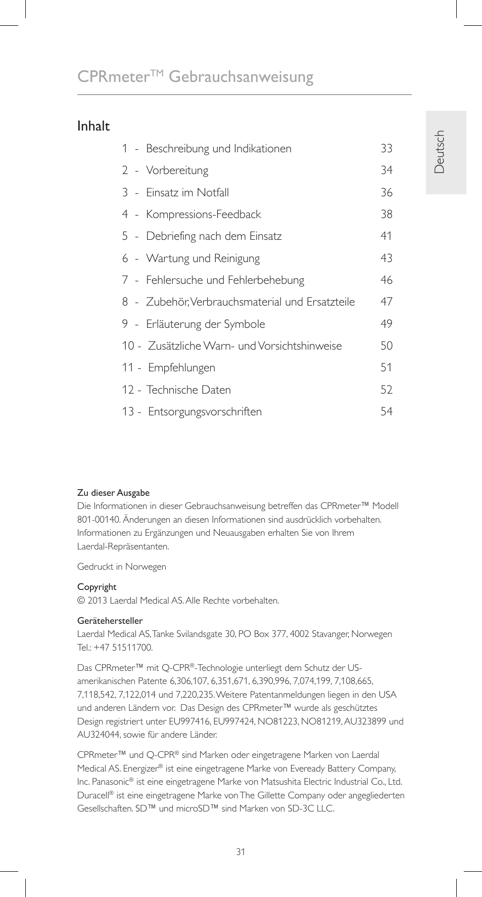 Cprmeter, Gebrauchsanweisung, Inhalt | Deutsch | Laerdal CPRmeter User Manual | Page 31 / 248