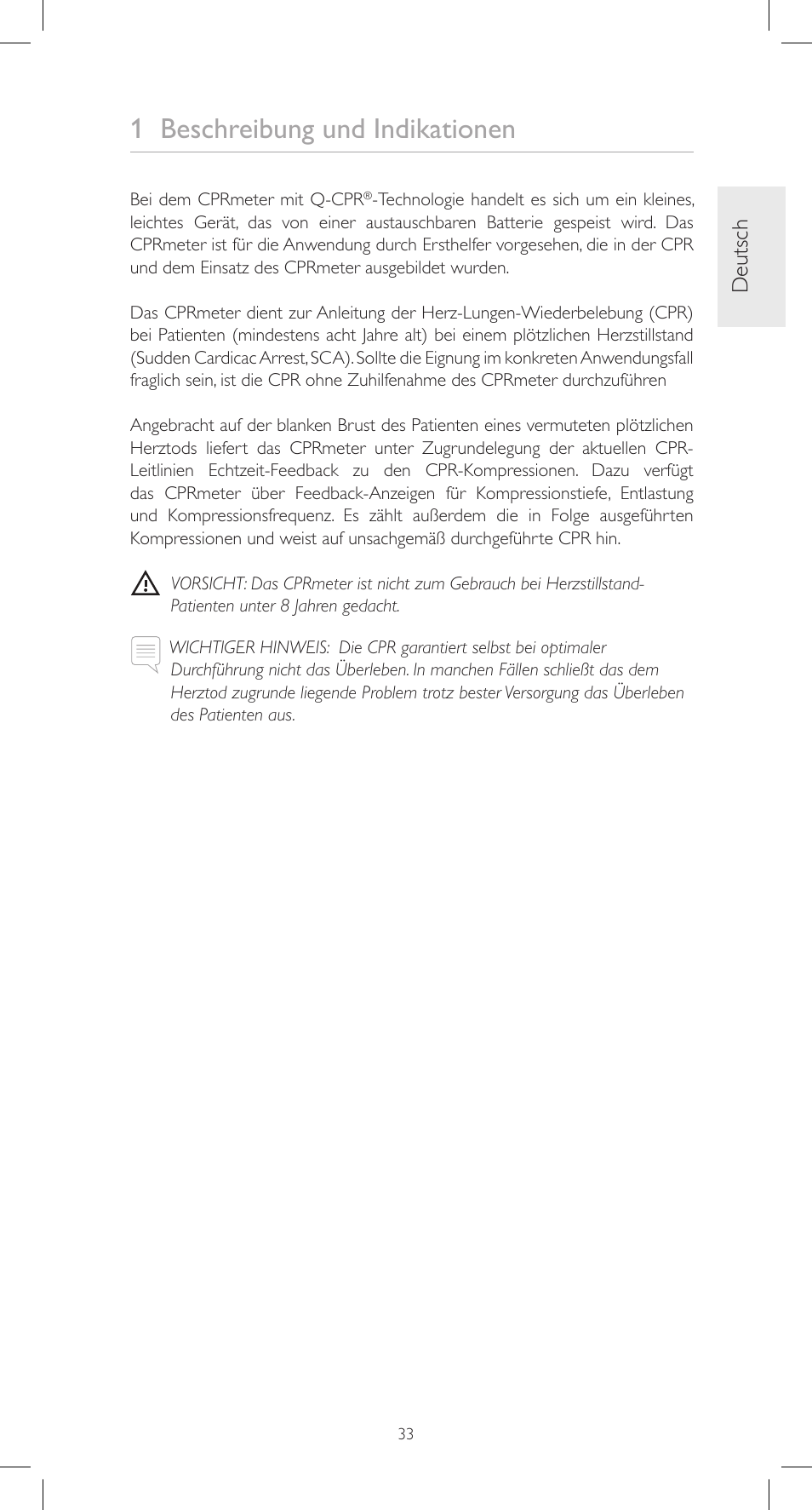 1 beschreibung und indikationen, Deutsch | Laerdal CPRmeter User Manual | Page 33 / 248