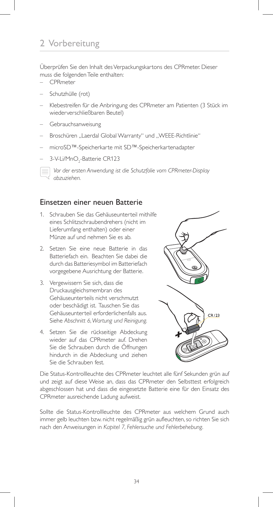 2 vorbereitung, Einsetzen einer neuen batterie | Laerdal CPRmeter User Manual | Page 34 / 248
