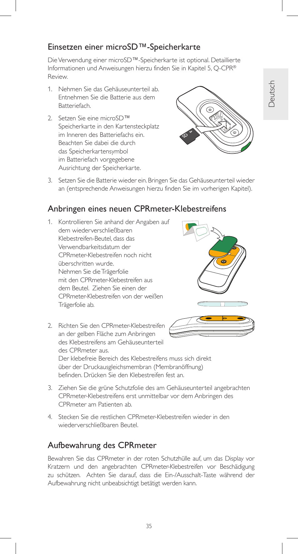 Einsetzen einer microsd™-speicherkarte, Anbringen eines neuen cprmeter-klebestreifens, Aufbewahrung des cprmeter | Deutsch | Laerdal CPRmeter User Manual | Page 35 / 248