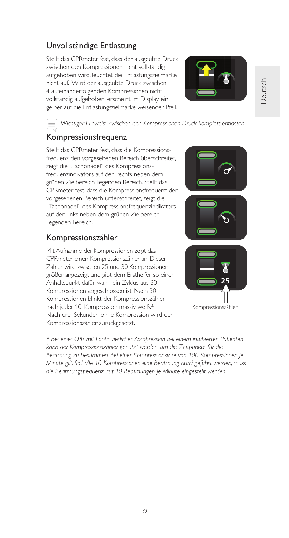 Unvollständige entlastung, Kompressionsfrequenz, Kompressionszähler | Laerdal CPRmeter User Manual | Page 39 / 248