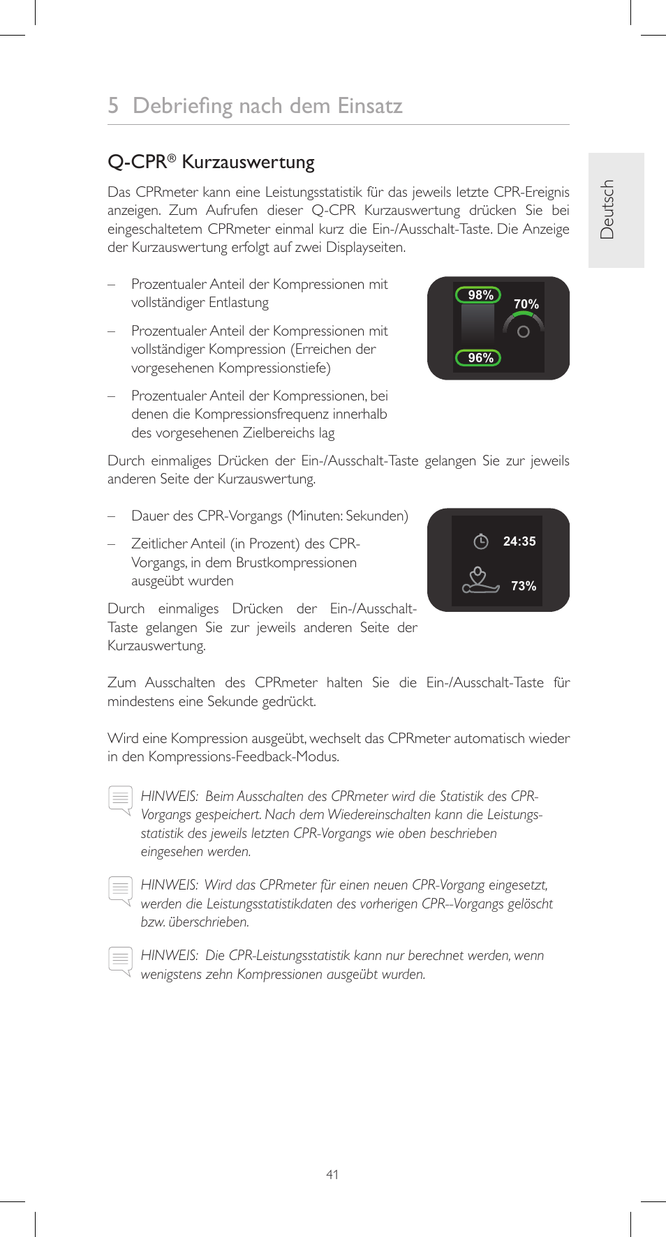 5 debriefing nach dem einsatz, Q-cpr, Kurzauswertung | Deutsch | Laerdal CPRmeter User Manual | Page 41 / 248