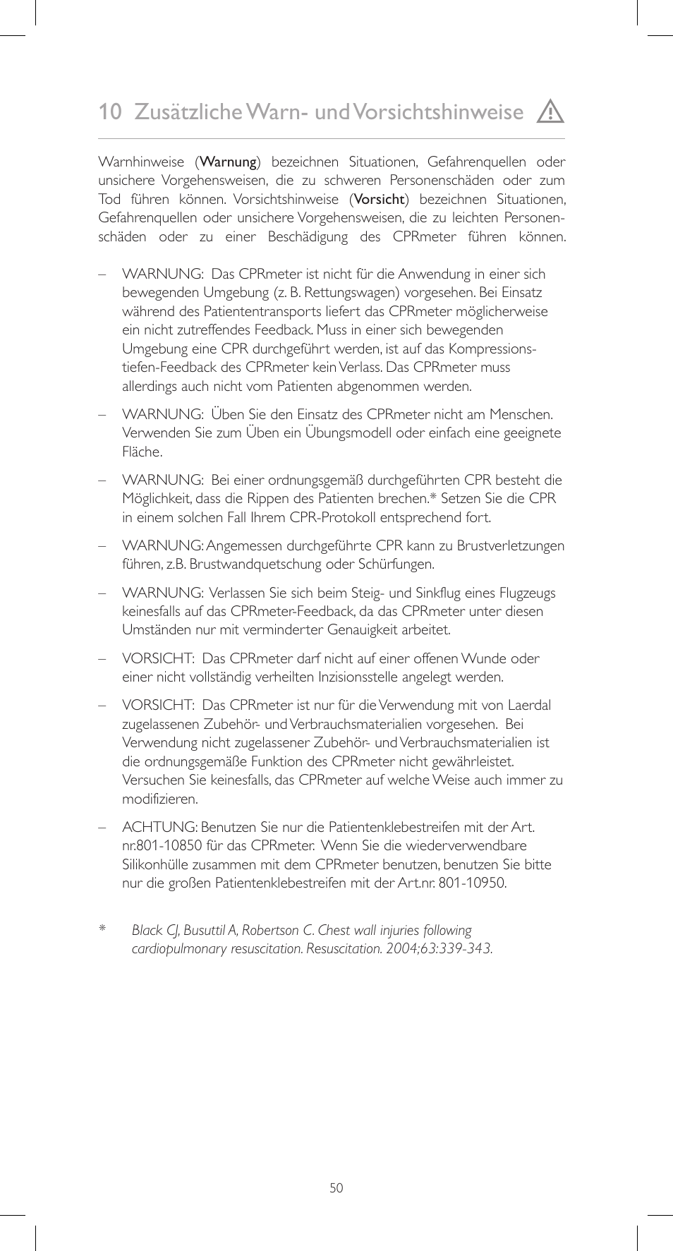 10 zusätzliche warn- und vorsichtshinweise | Laerdal CPRmeter User Manual | Page 50 / 248