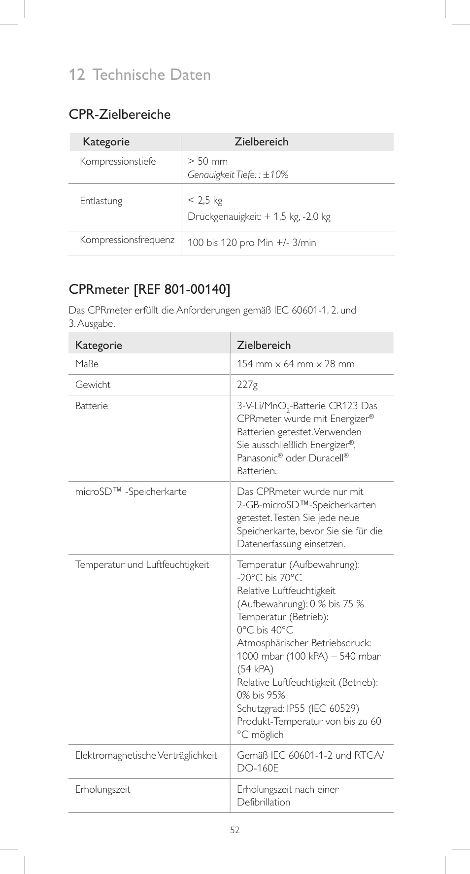 12 technische daten, Cpr-zielbereiche | Laerdal CPRmeter User Manual | Page 52 / 248