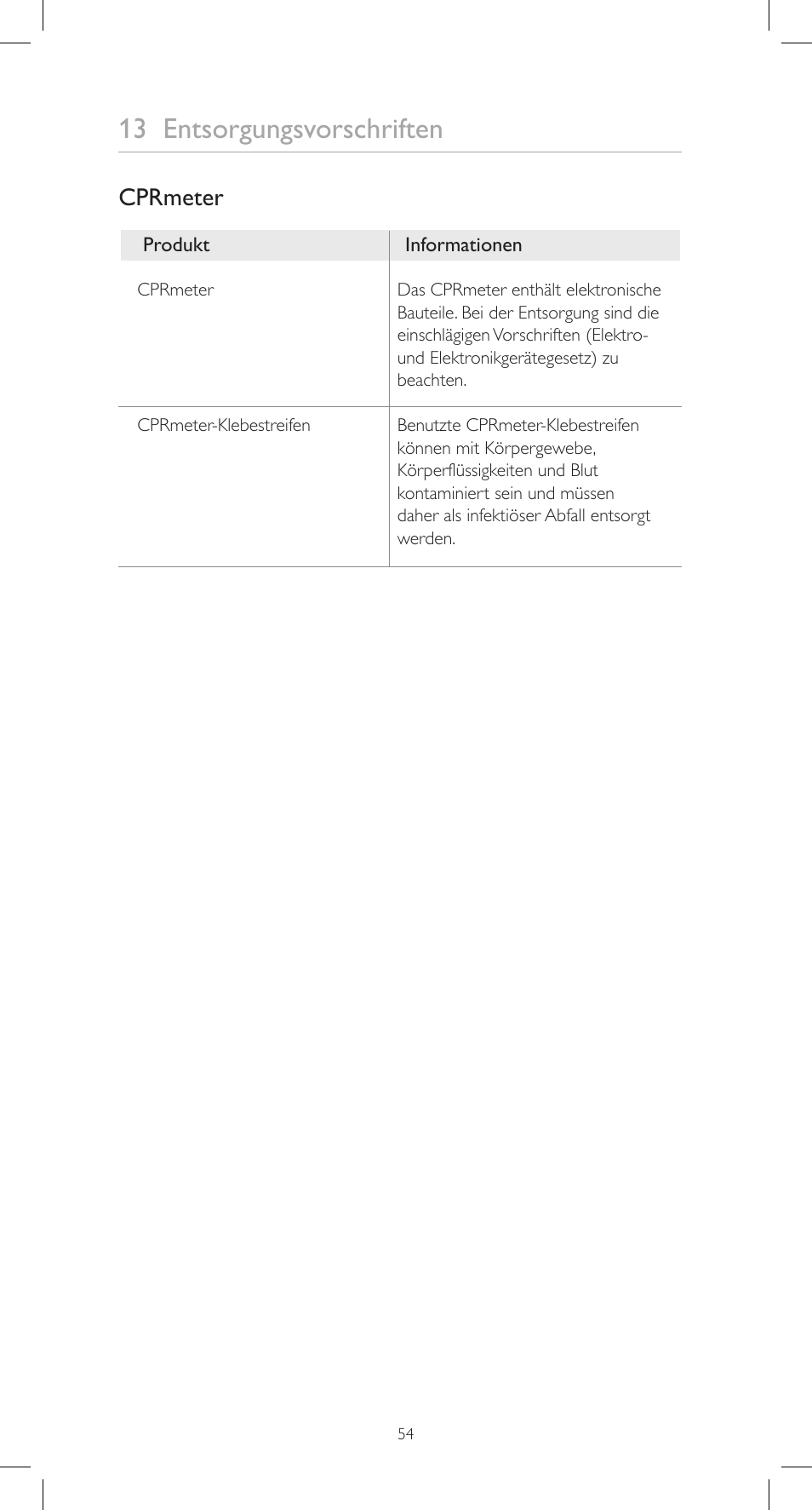13 entsorgungsvorschriften, Cprmeter | Laerdal CPRmeter User Manual | Page 54 / 248