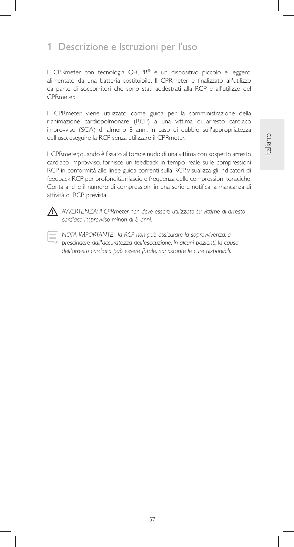 1 descrizione e istruzioni per l'uso, Italiano | Laerdal CPRmeter User Manual | Page 57 / 248