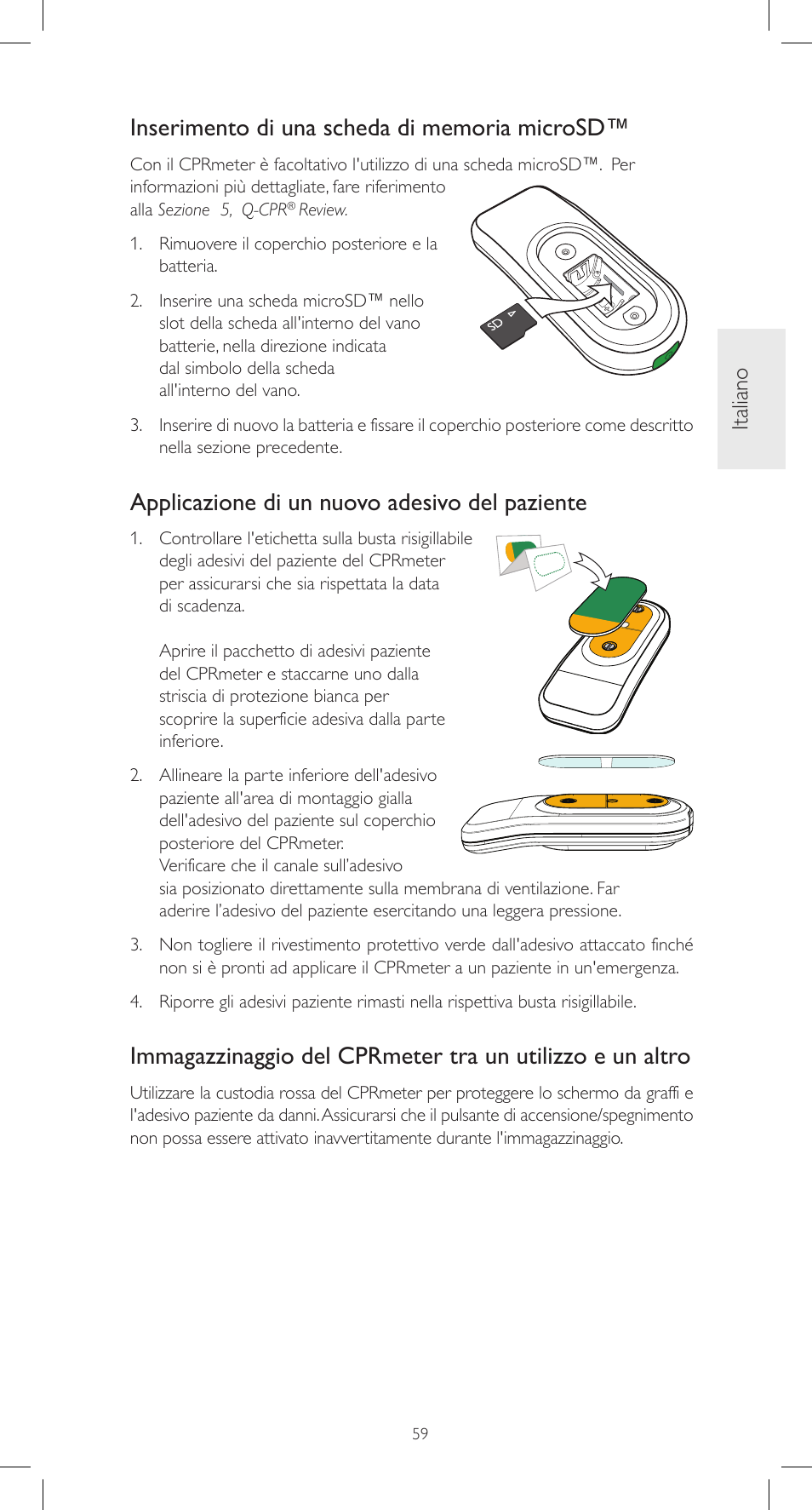 Applicazione di un nuovo adesivo del paziente, Italiano | Laerdal CPRmeter User Manual | Page 59 / 248