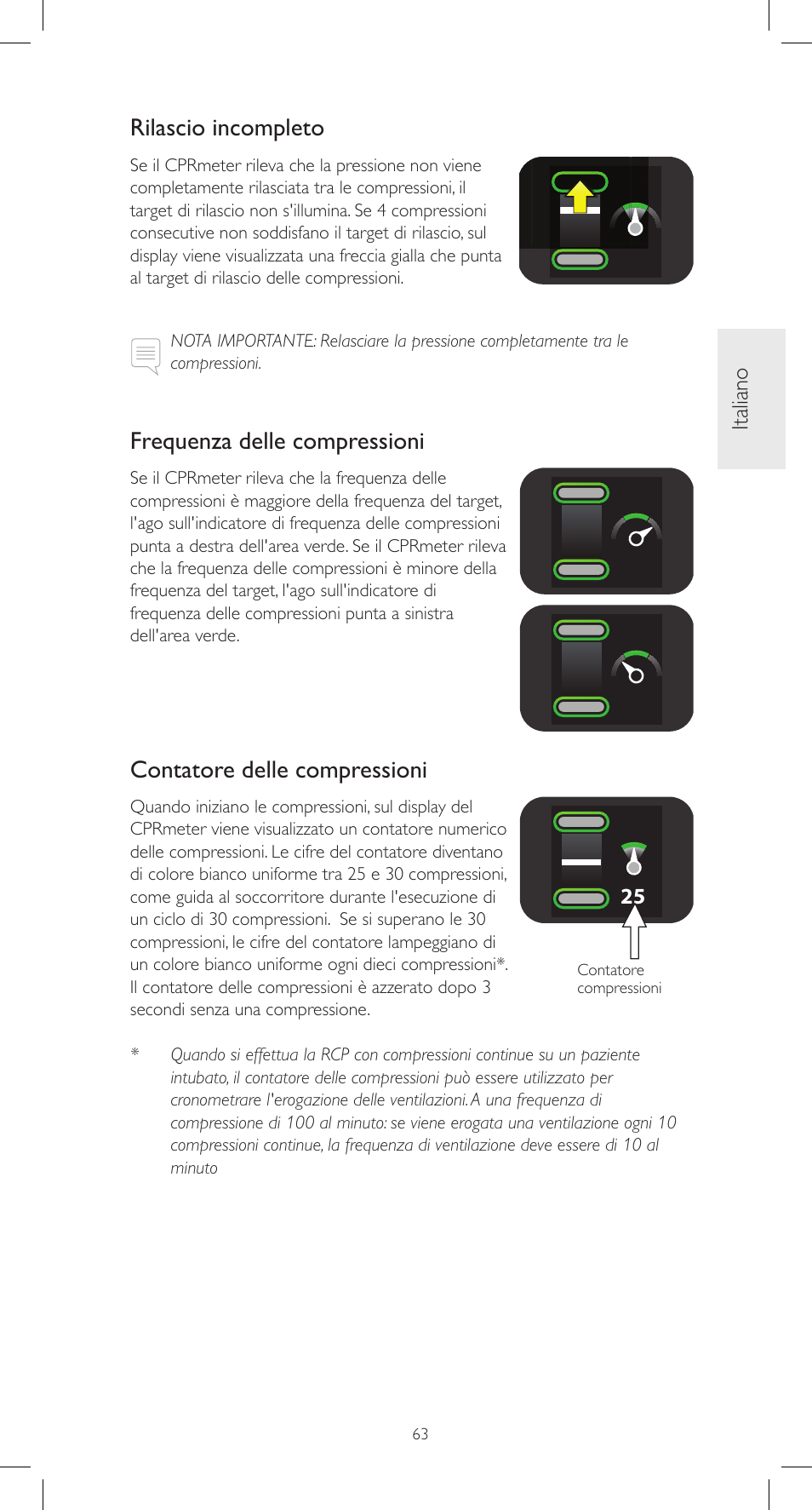 Rilascio incompleto, Frequenza delle compressioni, Contatore delle compressioni | Italiano | Laerdal CPRmeter User Manual | Page 63 / 248