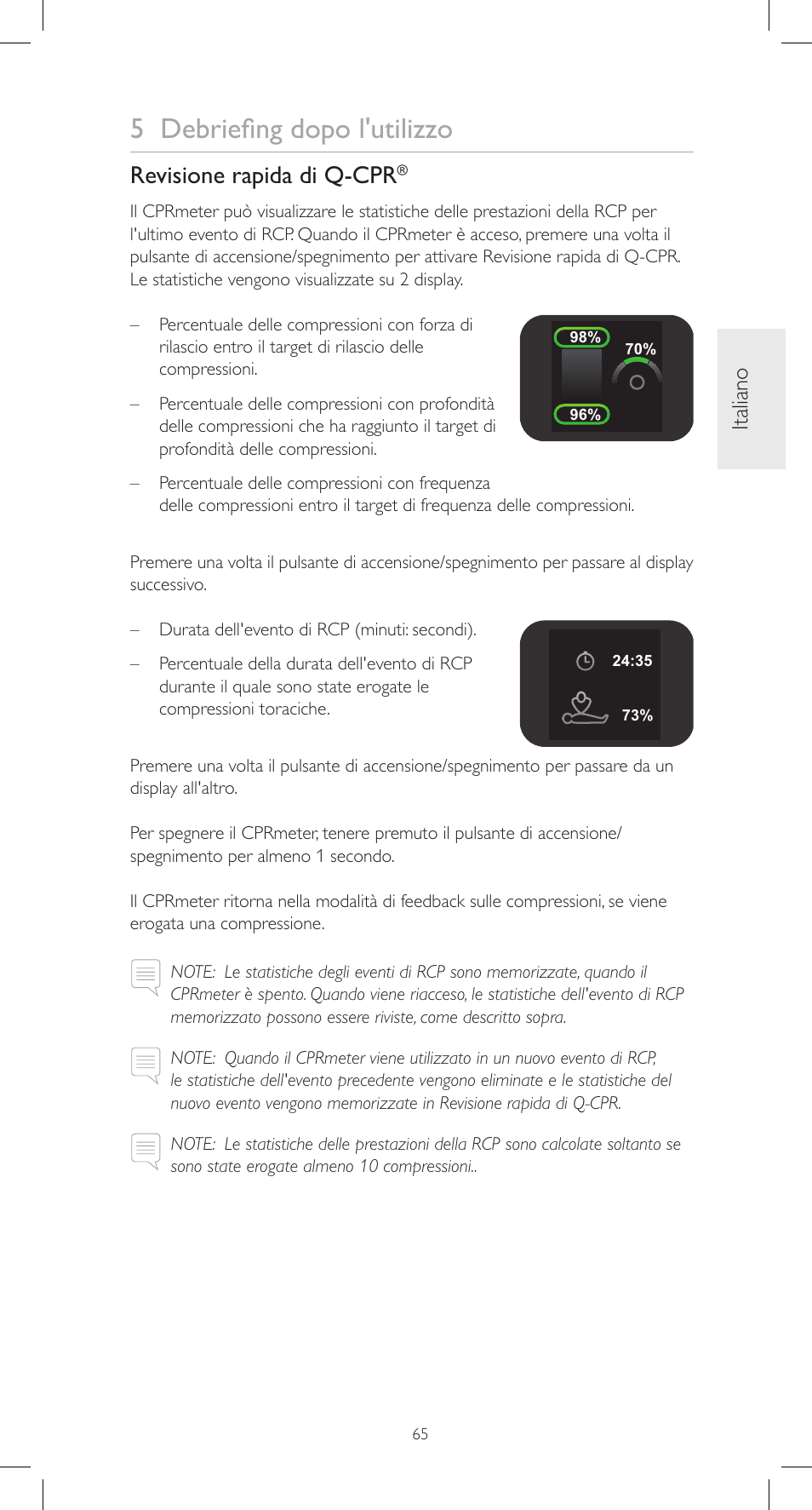 5 debriefing dopo l'utilizzo, Revisione rapida di q-cpr, Italiano | Laerdal CPRmeter User Manual | Page 65 / 248