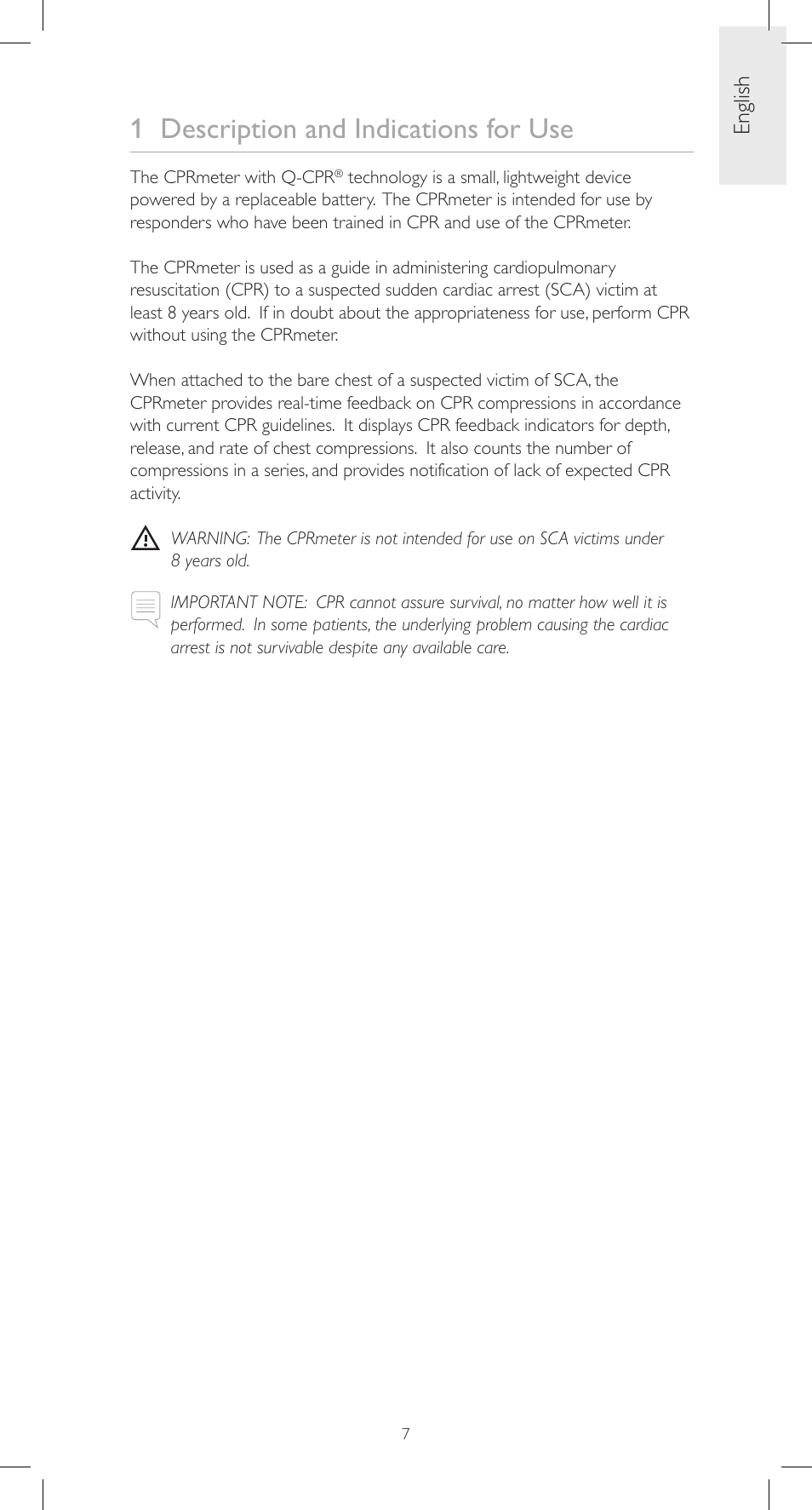 1 description and indications for use, English | Laerdal CPRmeter User Manual | Page 7 / 248